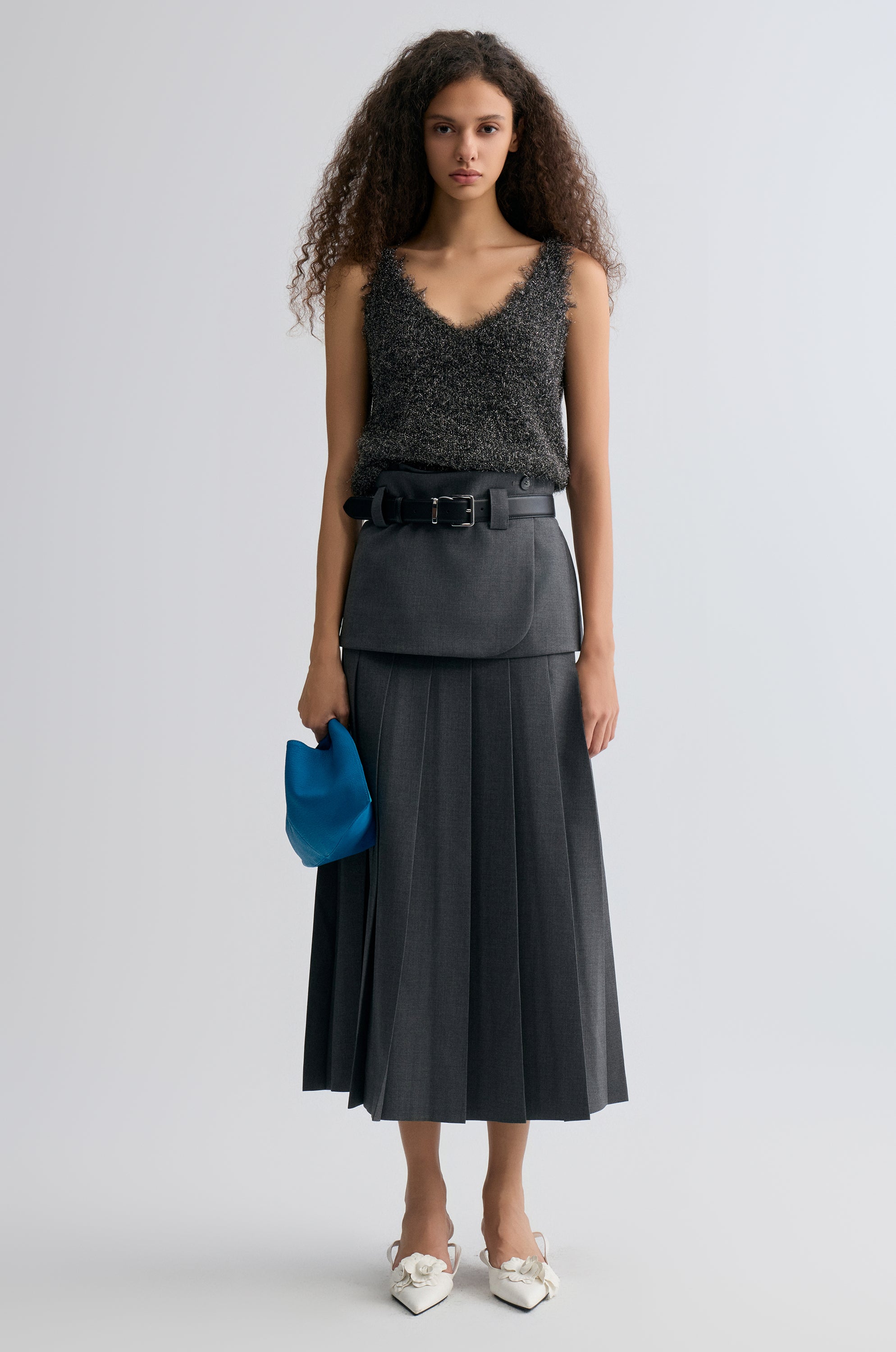 Double-layered Pleated Gabardine Skirt Grey melange