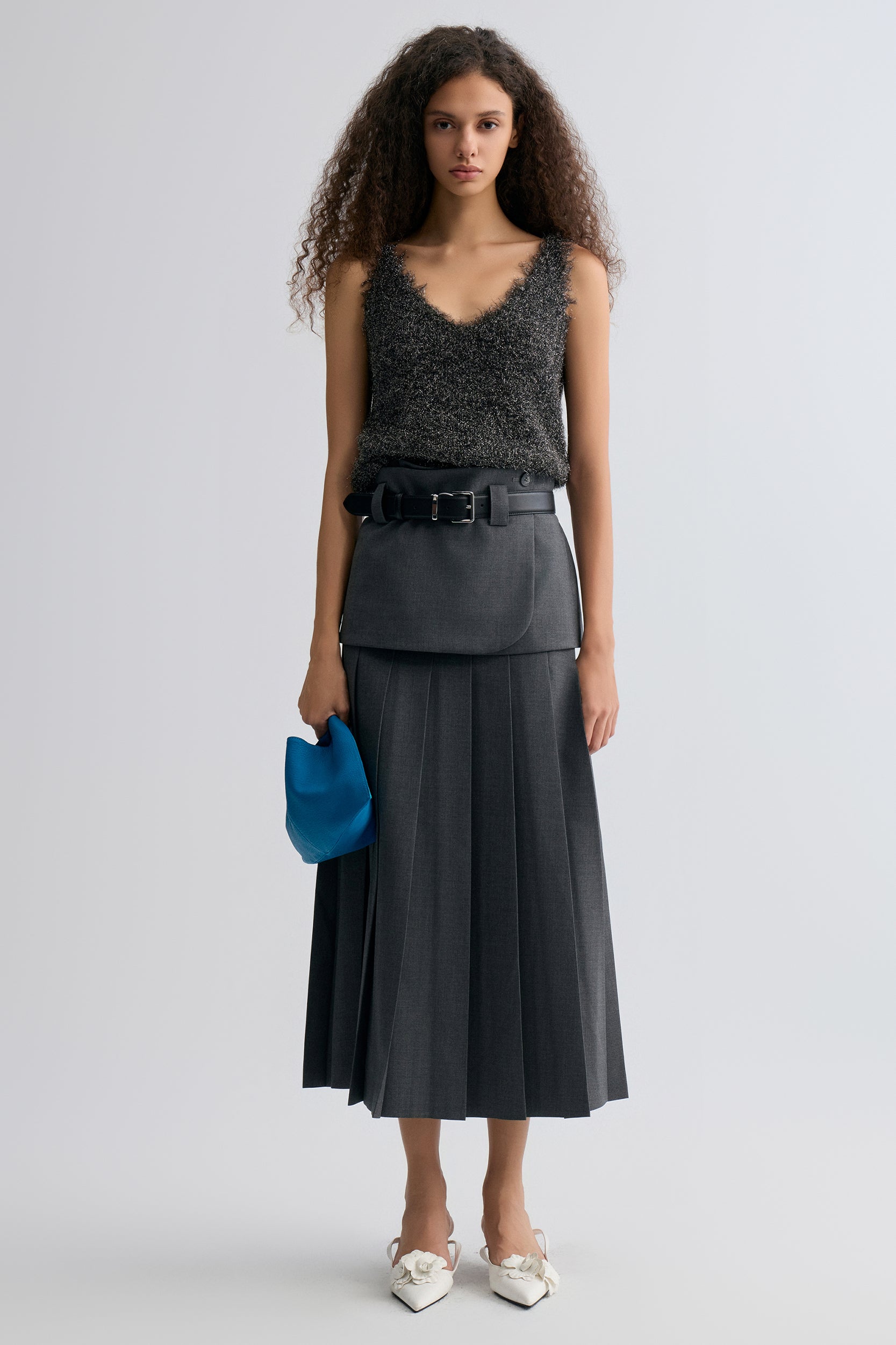 Double-layered Pleated Gabardine Skirt Grey melange