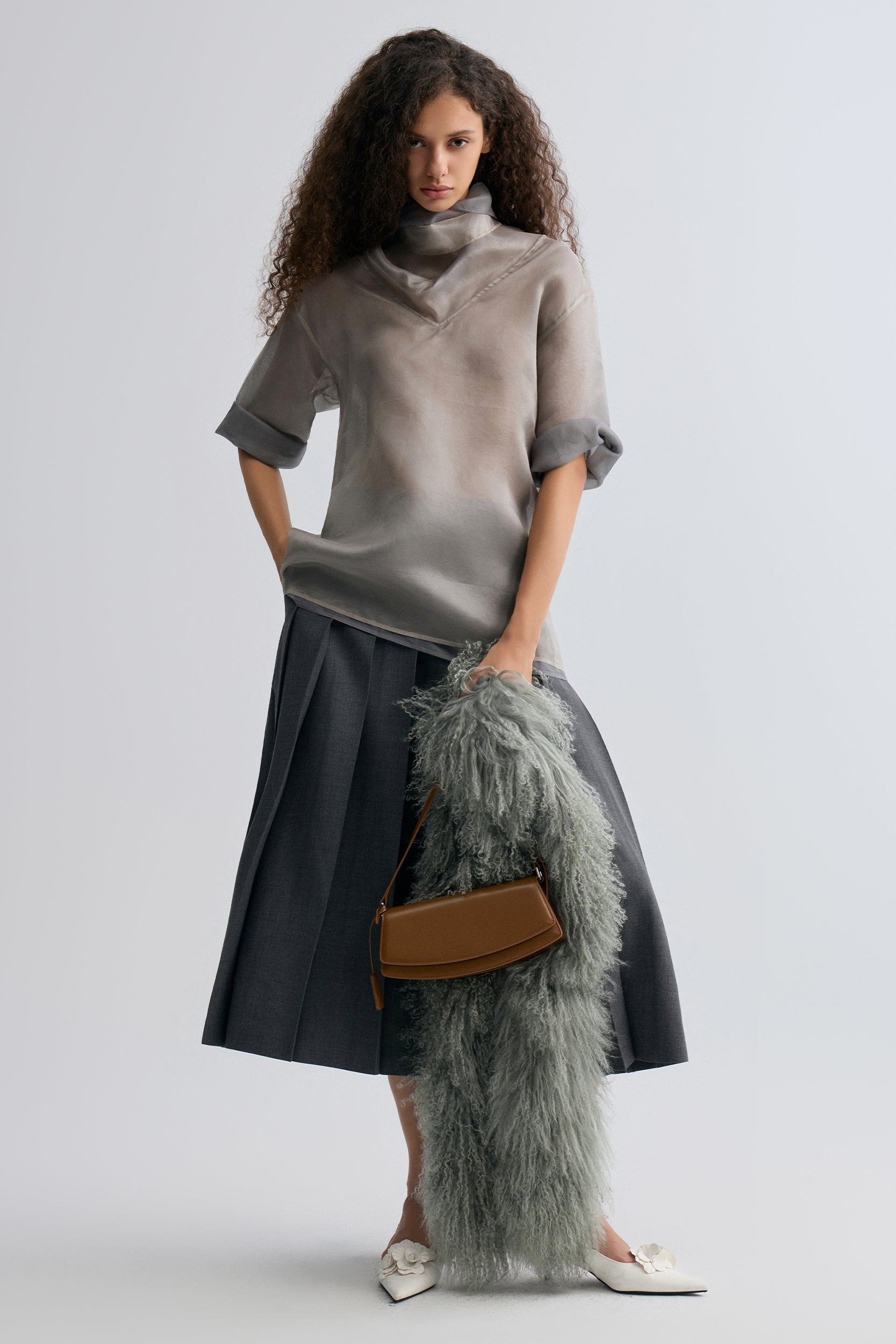Two-tone Reversible Organza Blouse in silk Smoke Grey | Front Row Shop