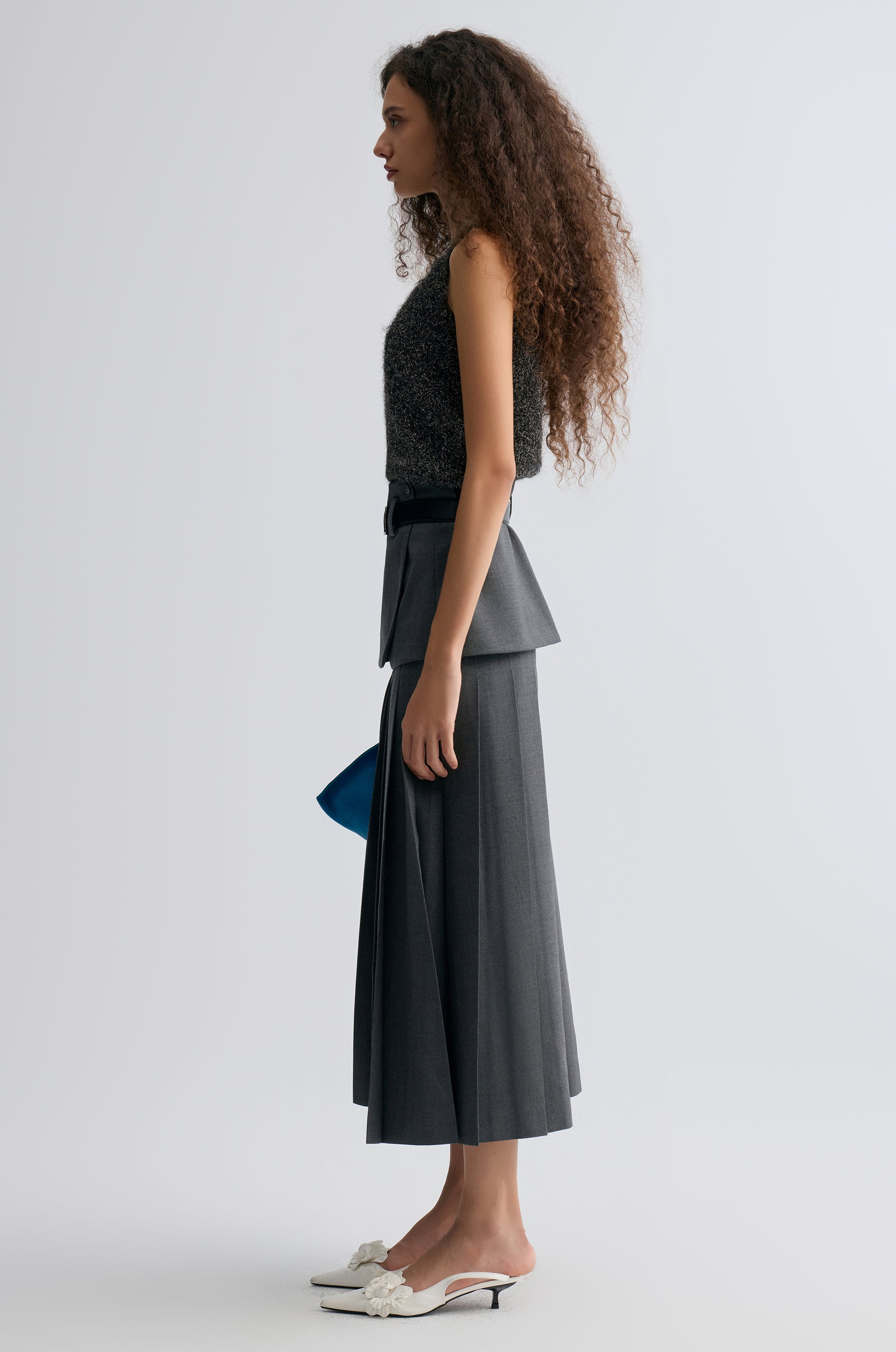 Double-layered Pleated Gabardine Skirt Grey melange