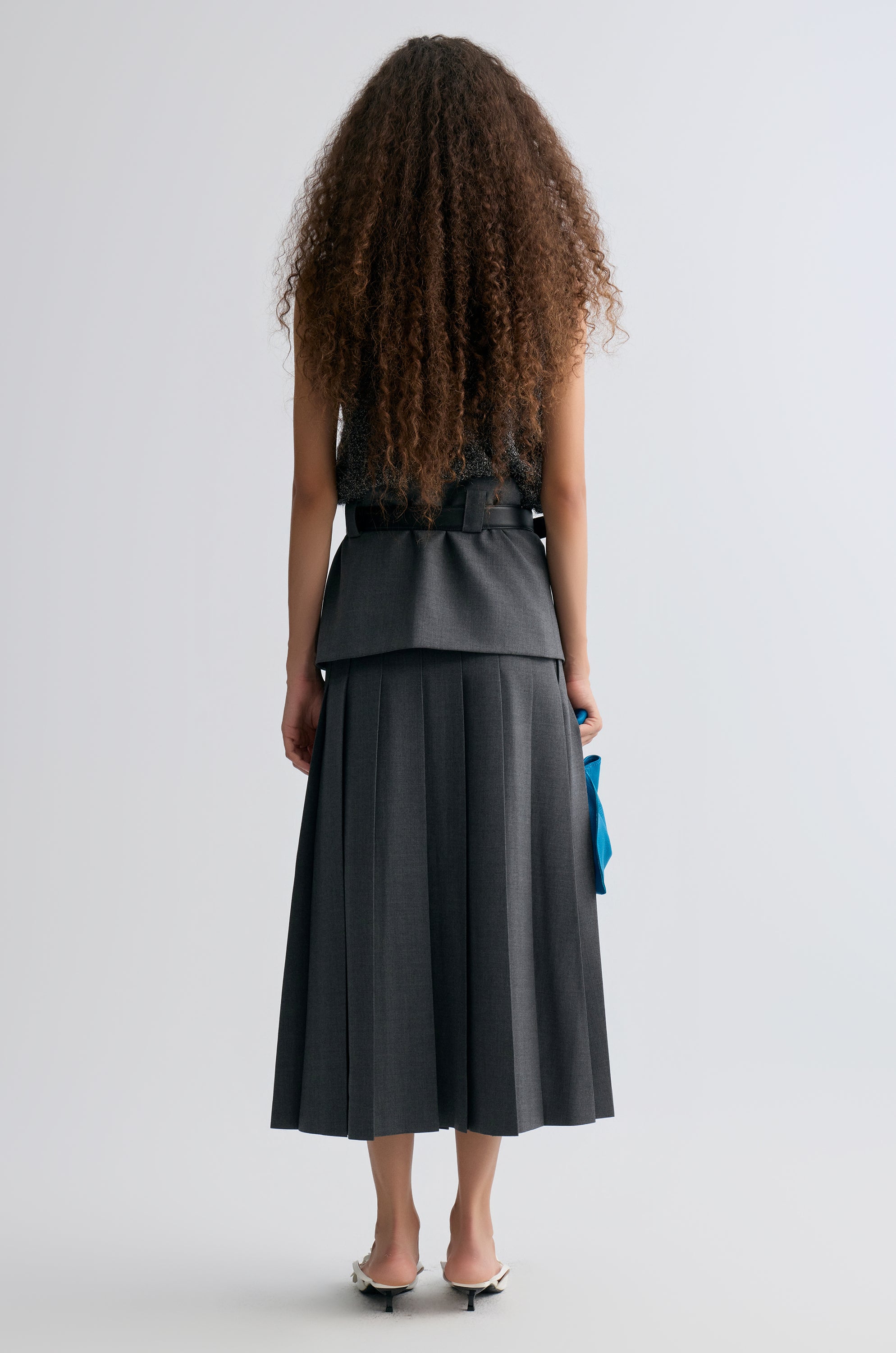 Double-layered Pleated Gabardine Skirt Grey melange
