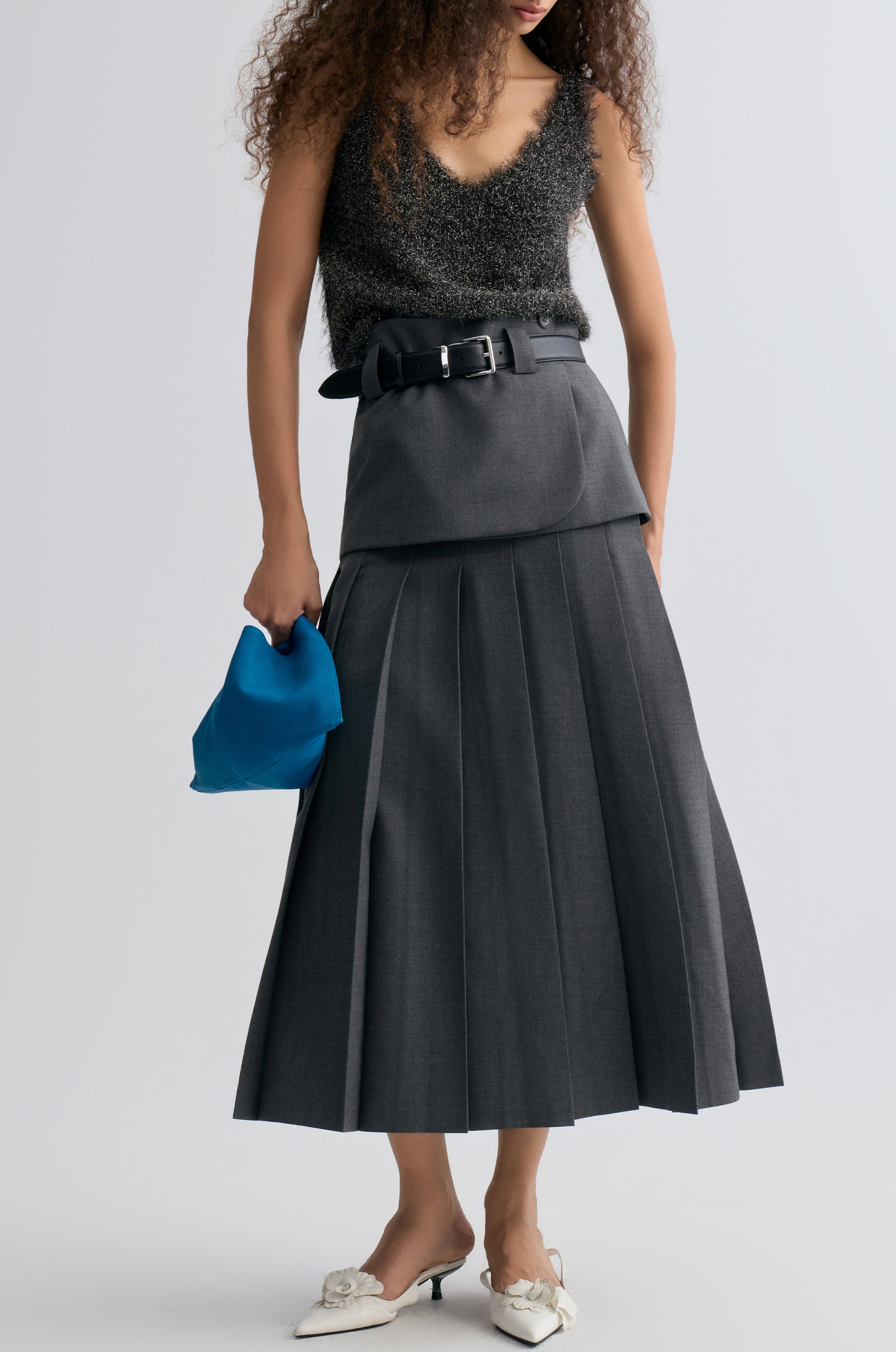 Double-layered Pleated Gabardine Skirt Grey melange