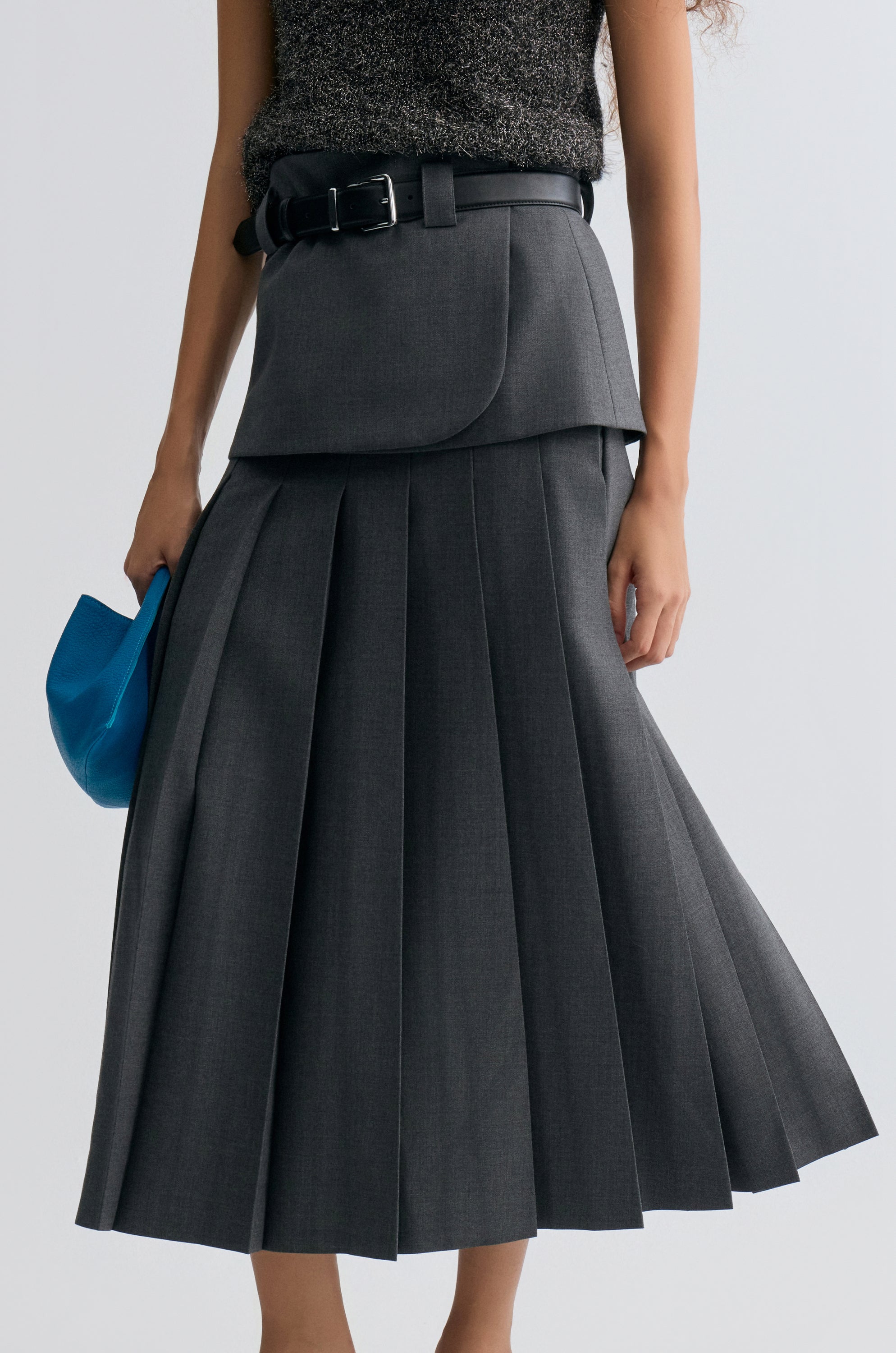 Double-layered Pleated Gabardine Skirt Grey melange