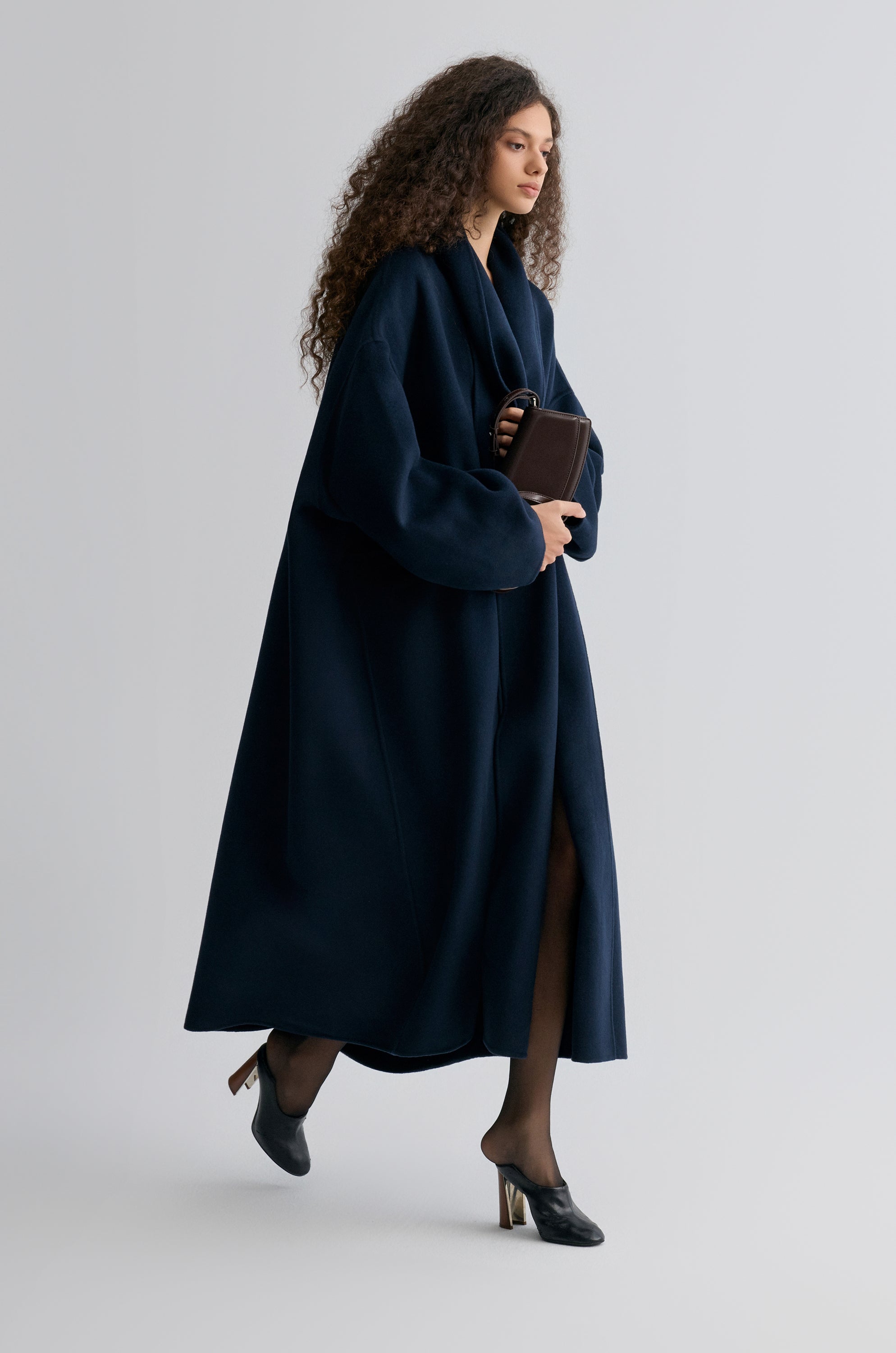 Oversized Double-faced Scarf Coat Navy