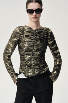 Metallic Silk Elastic Gathered Blouse Gold