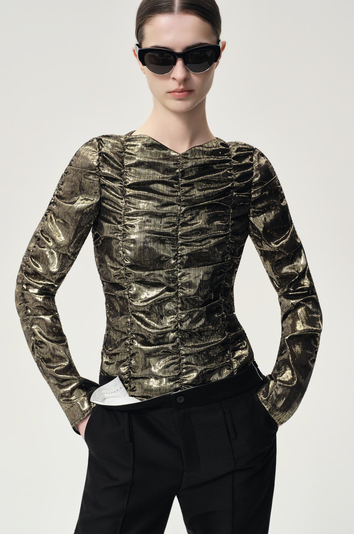 Metallic Silk Elastic Gathered Blouse Gold