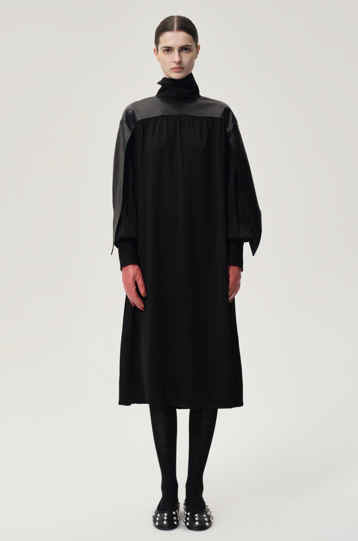 Leather Gathered Dress Black