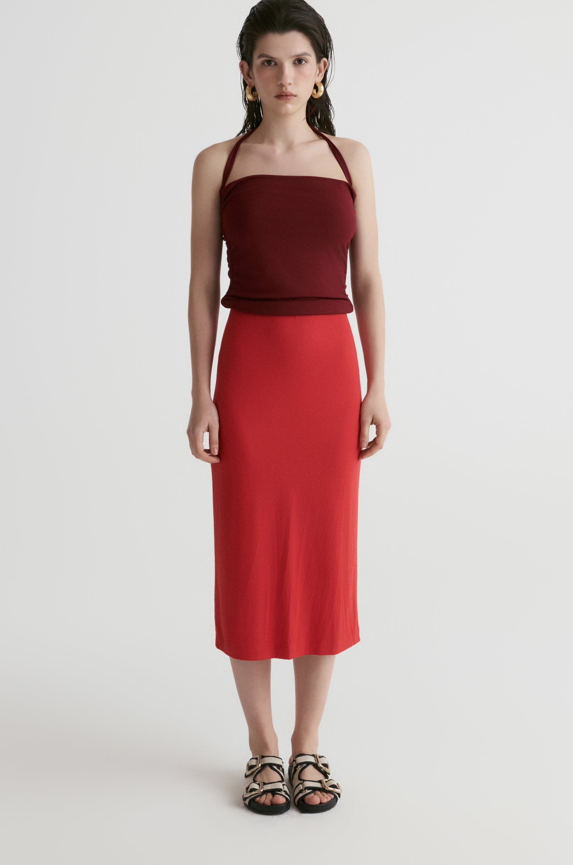 Rib Two-tone Skirt-Red