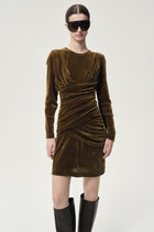 Draped Velvet Mesh  Asymmetric Dress Olive