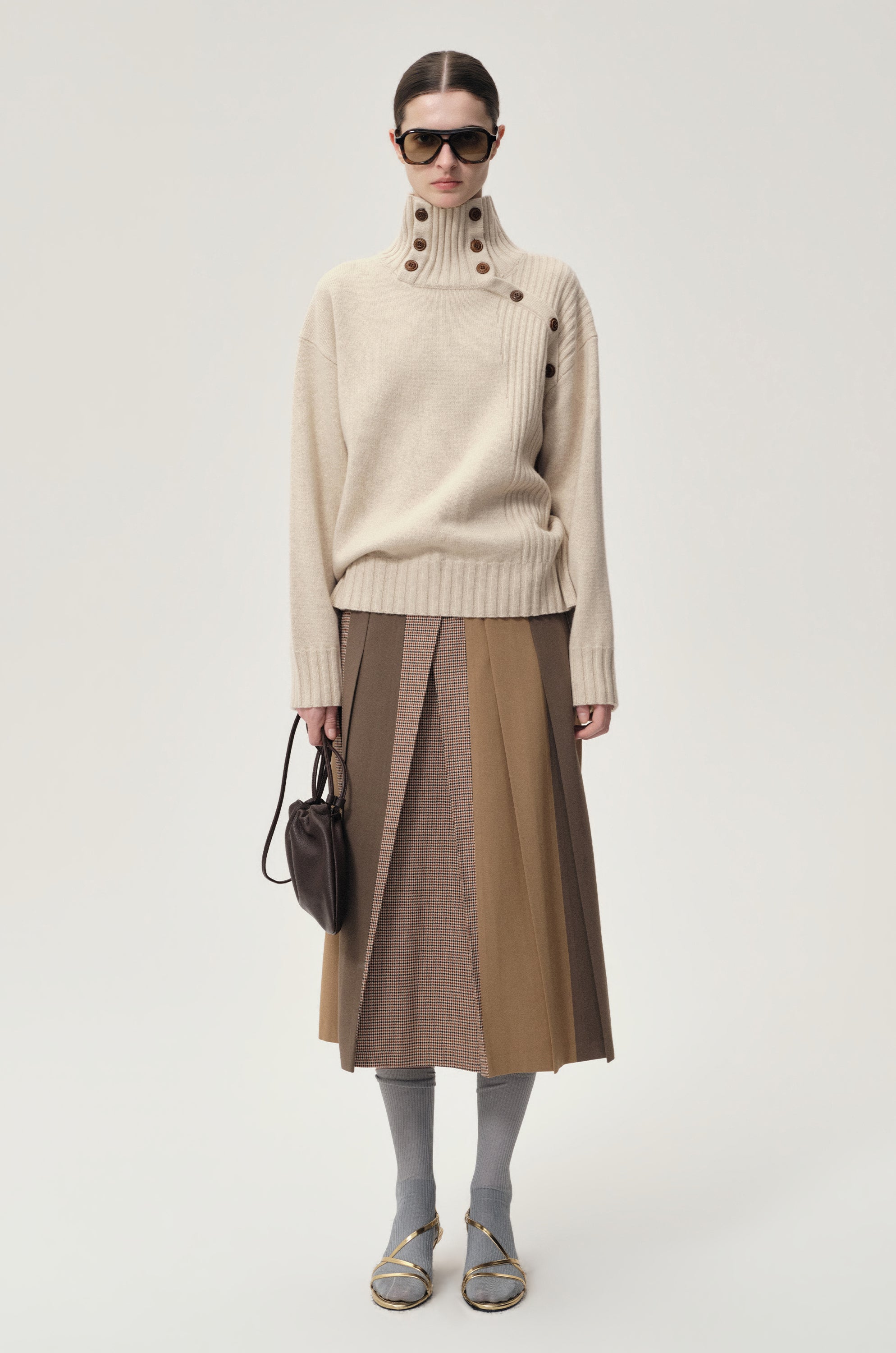 Pleated Color-block Skirt Camel