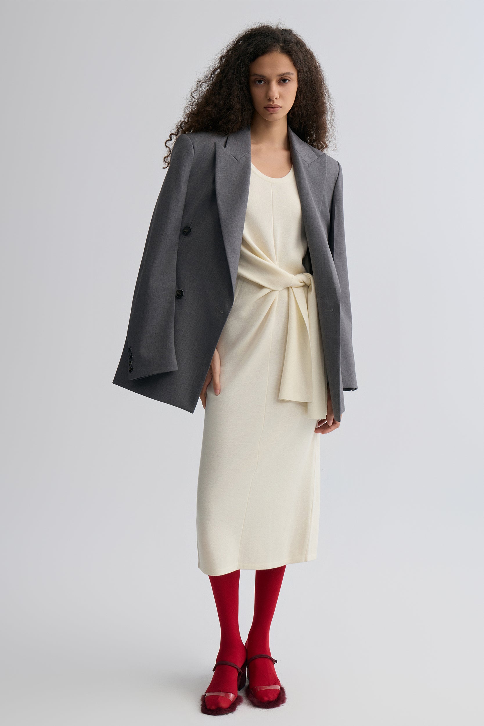 Knot-detail Knitted dress in Merino Wool Cream