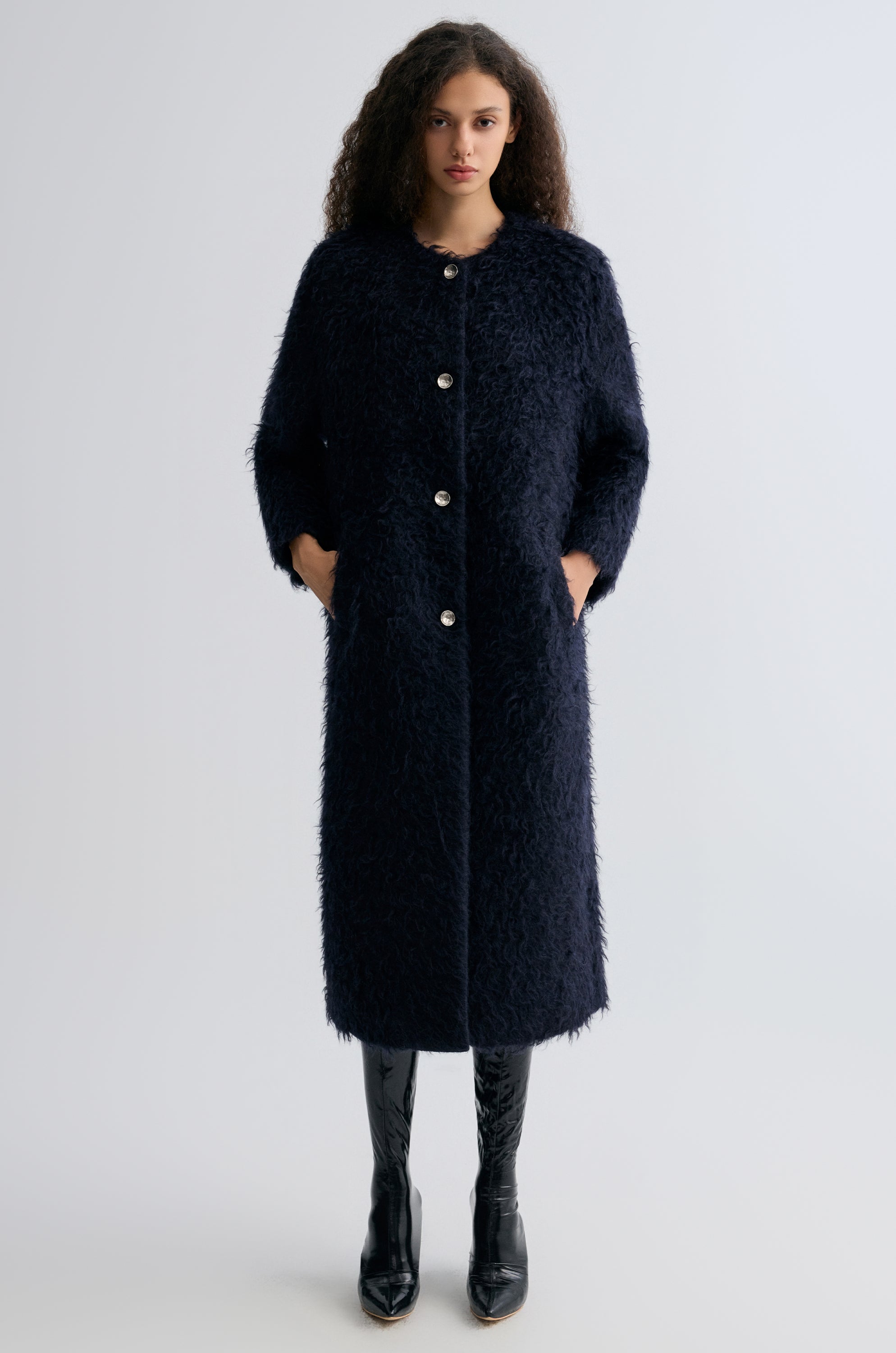 Clara Collarless Coat Dark Blue