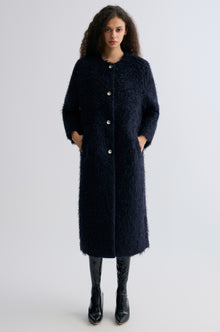 Clara Collarless Coat Dark Blue