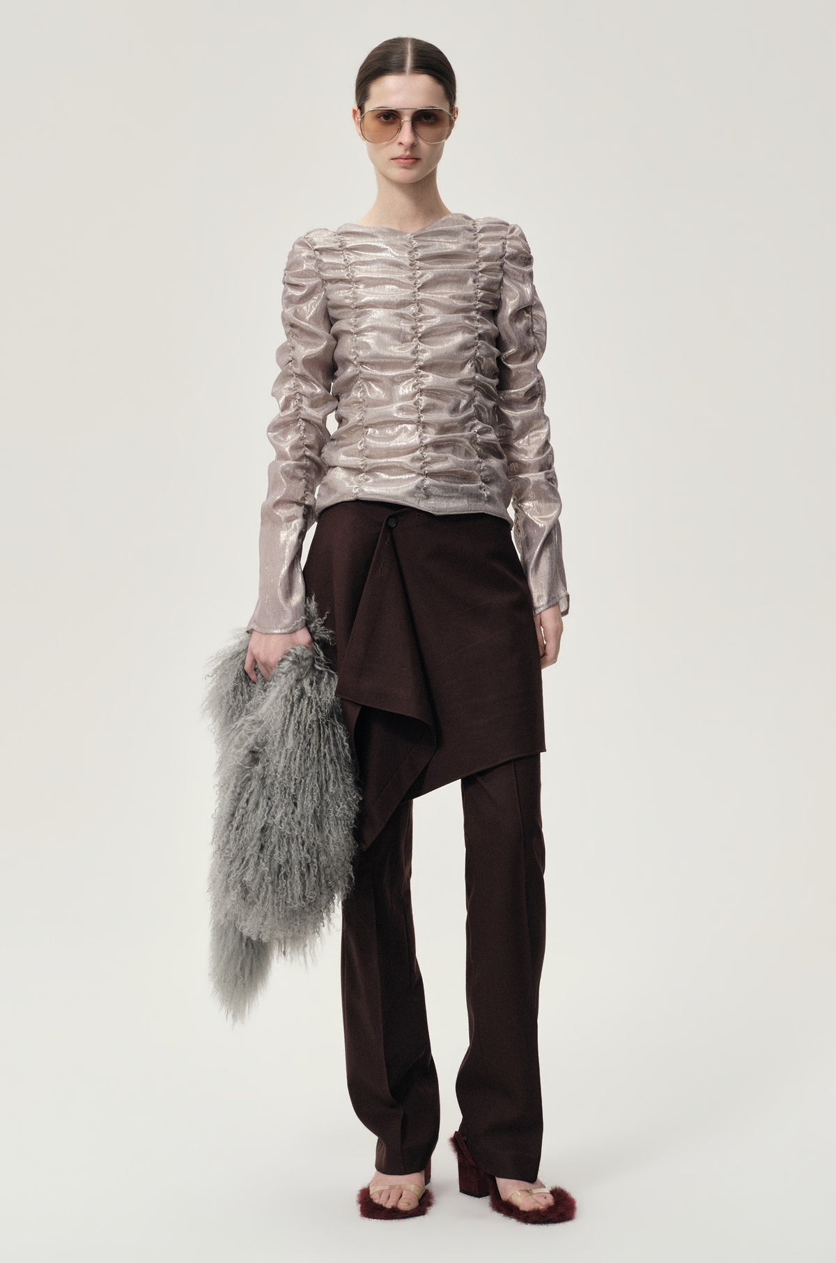 Metallic Silk Elastic Gathered Blouse Silver