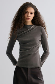Velvet Mesh Asymmetric Draped Top Faded Grey