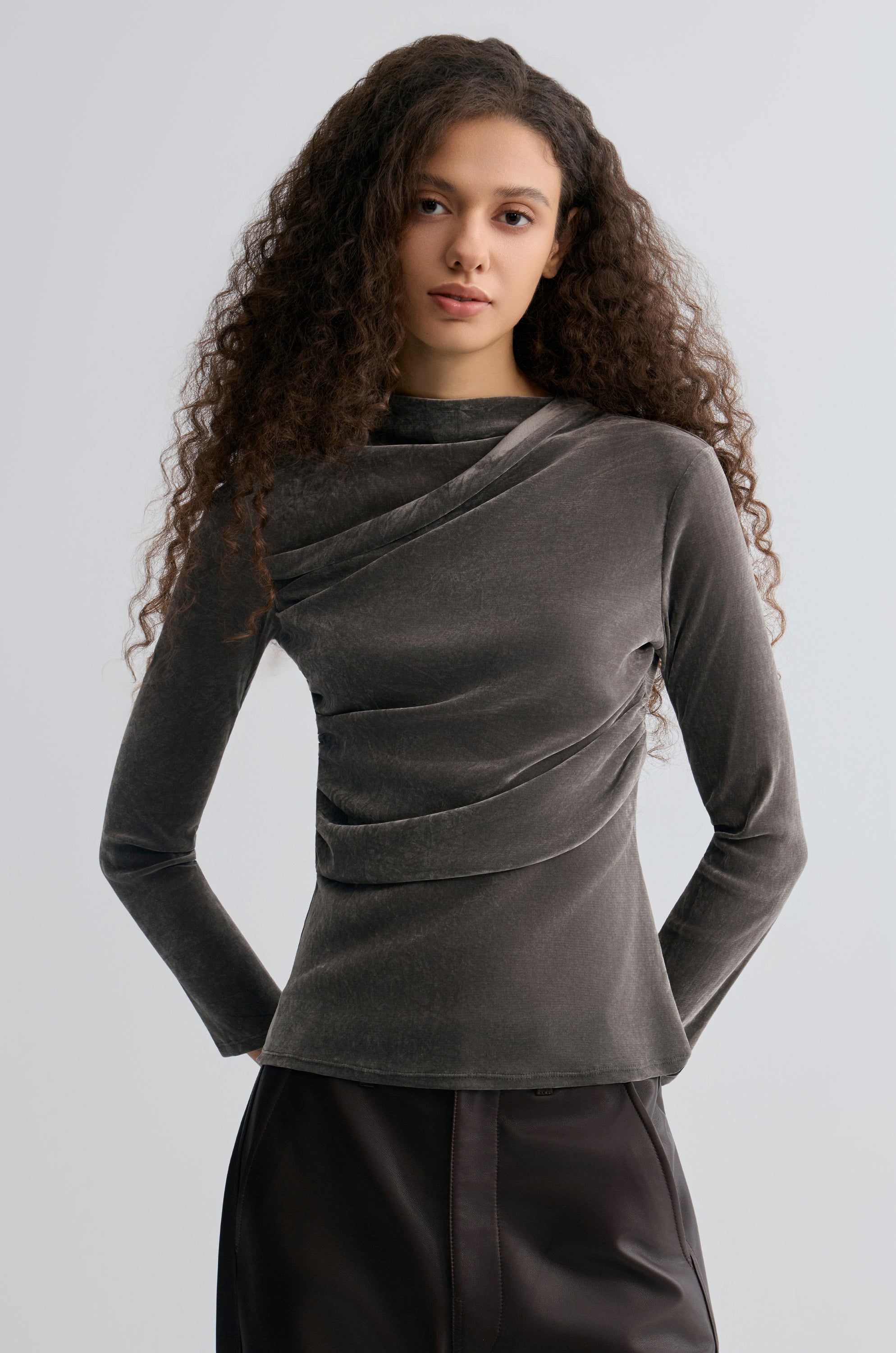 Velvet Mesh Asymmetric Draped Top Faded Grey