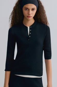 Superfine Merino Wool Knit Henley Black