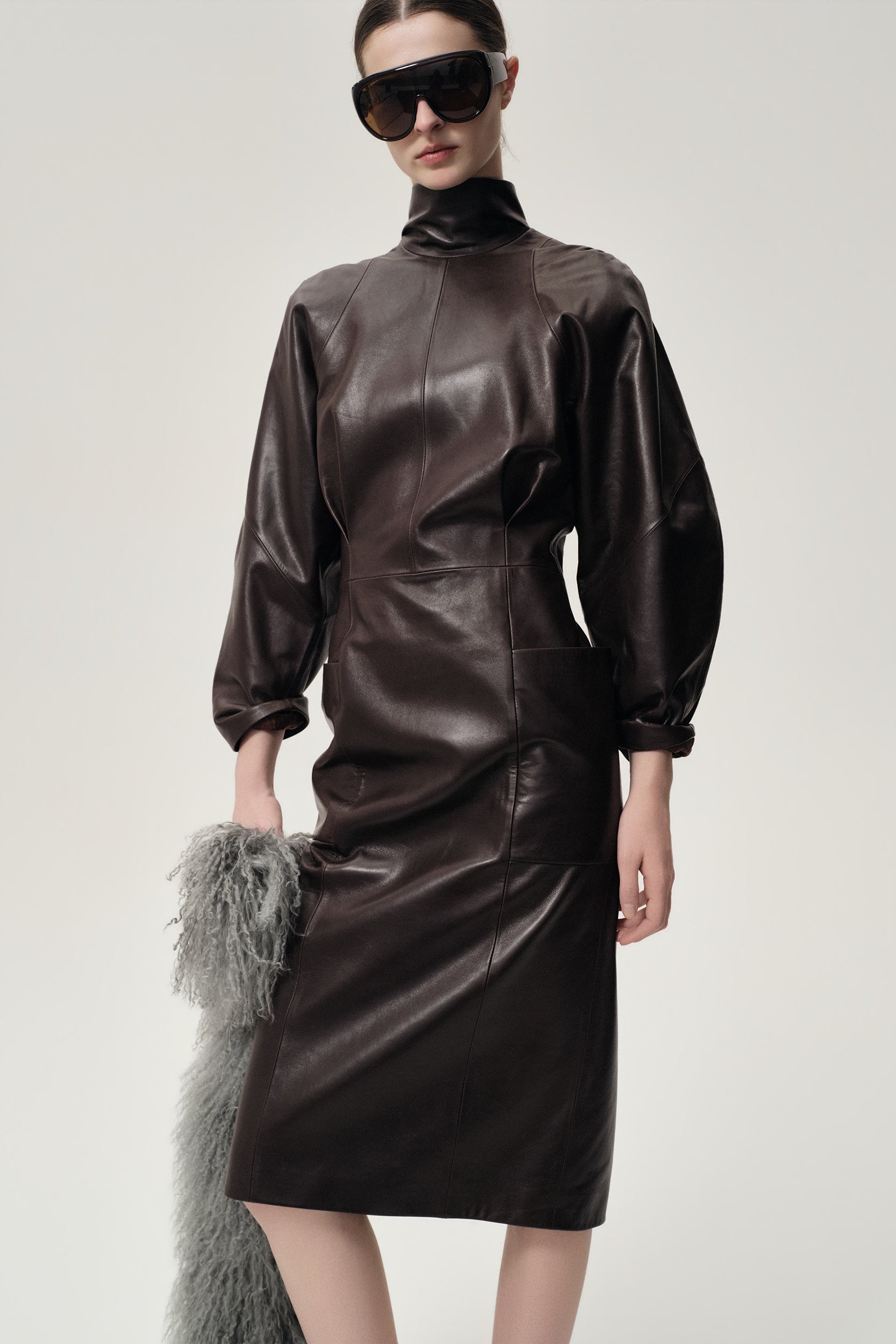 Sculptural Leather Dress Dark Brown