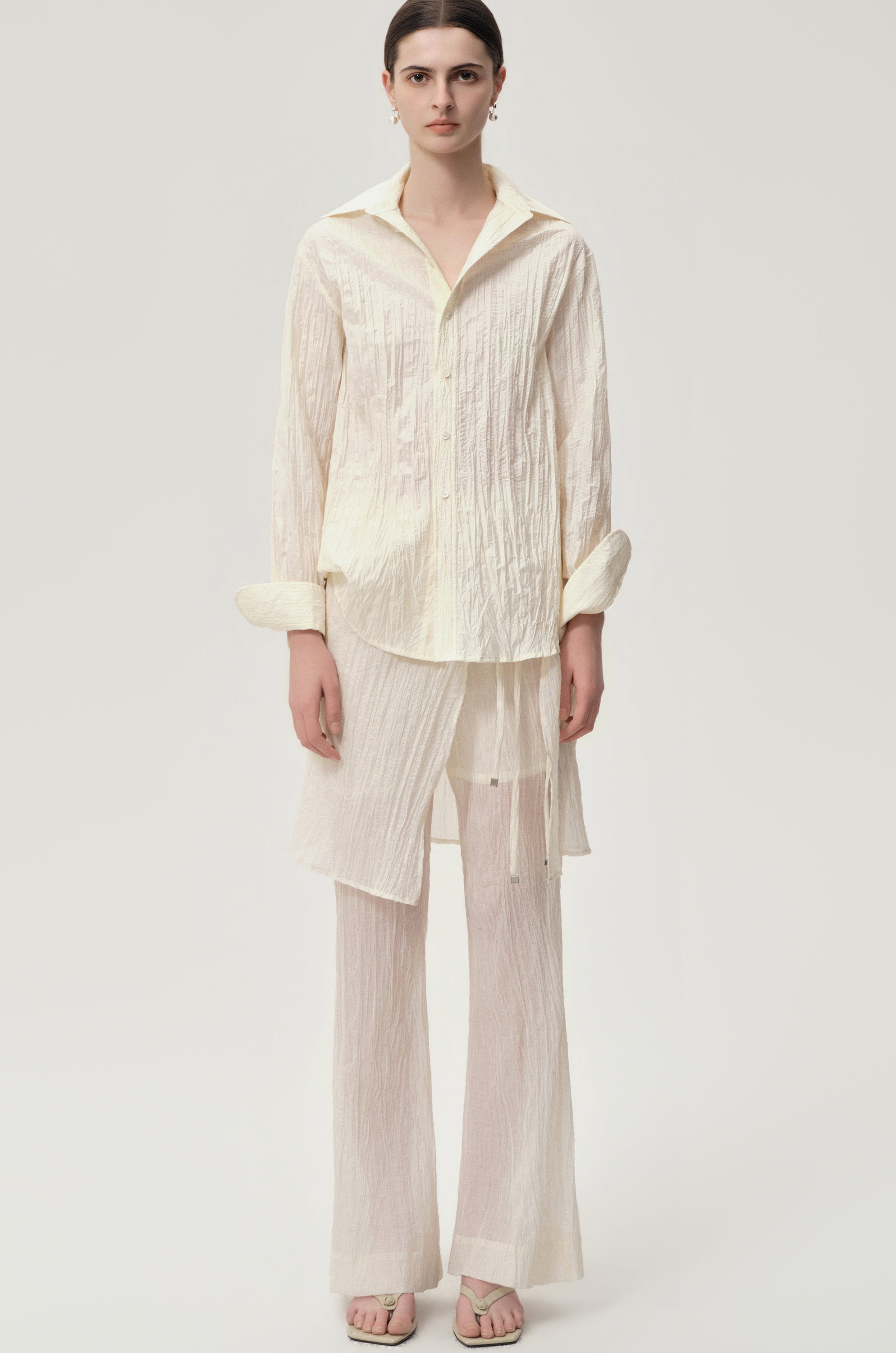 Crinkled Gauze Layered Skirt Trousers Ecru