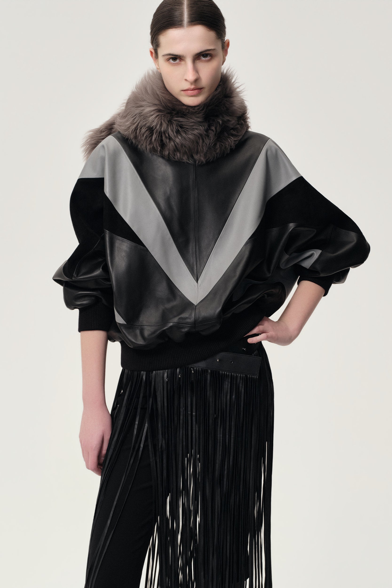 Patchwork Leather Sweater Black/Grey