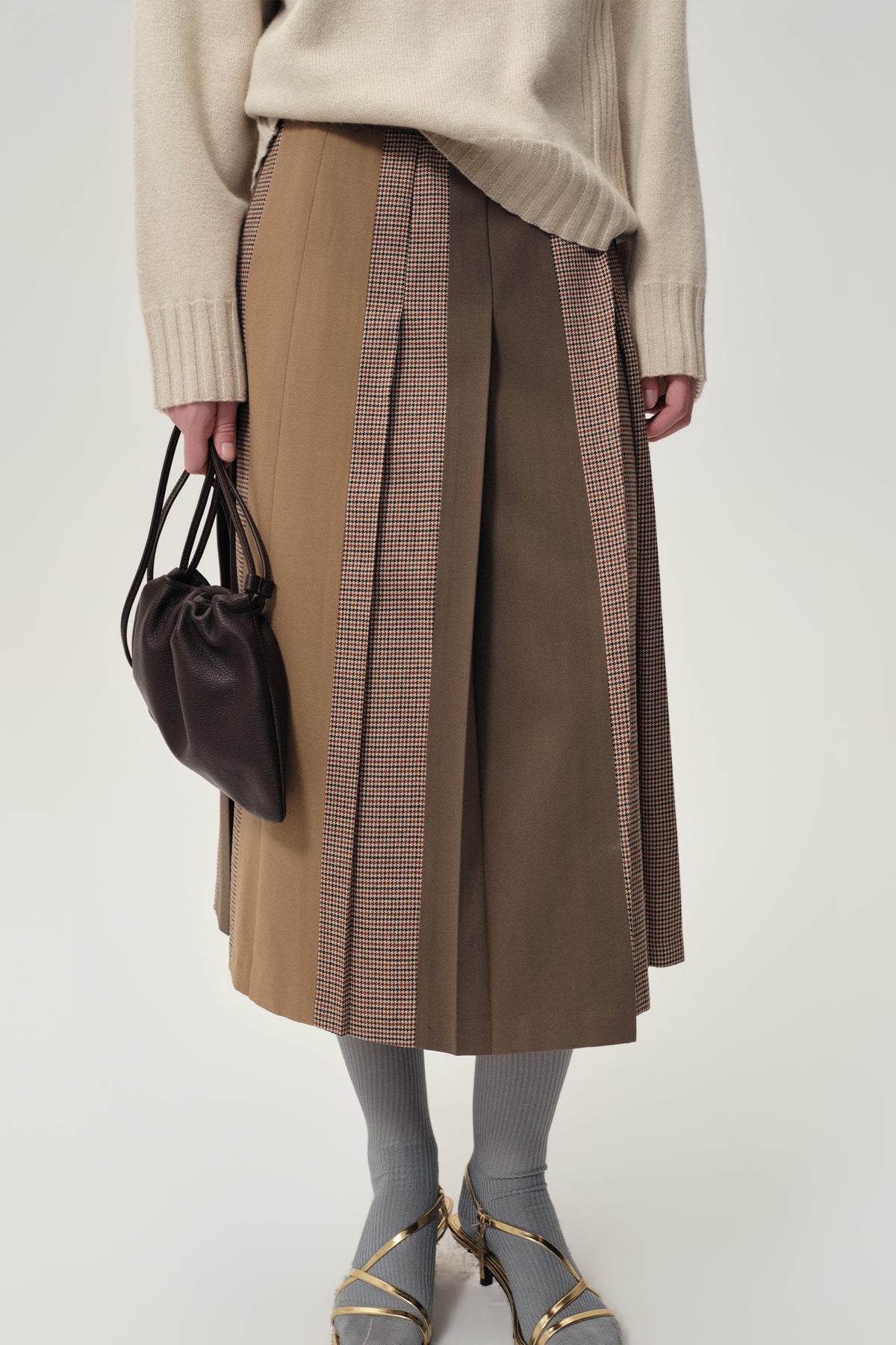 Pleated Color-block Skirt Camel