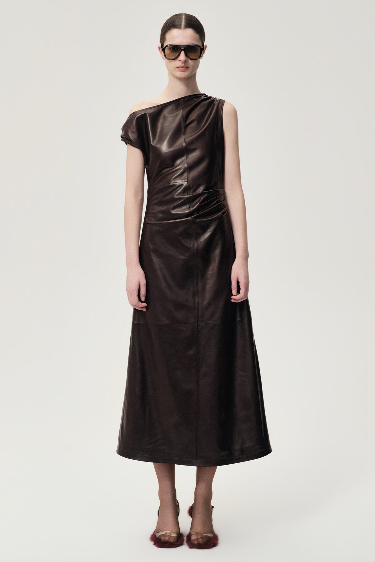 One-shoulder Draped Lambskin Dress Rum
