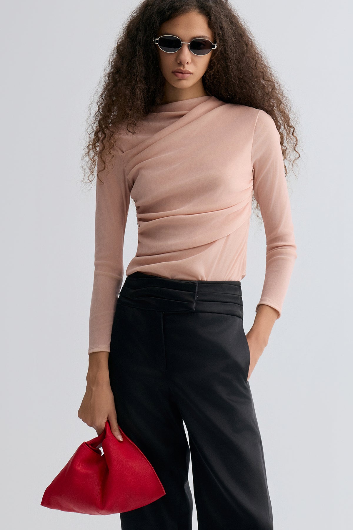 Velvet Mesh Asymmetric Draped Top Misty