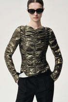 Metallic Silk Elastic Gathered Blouse Gold