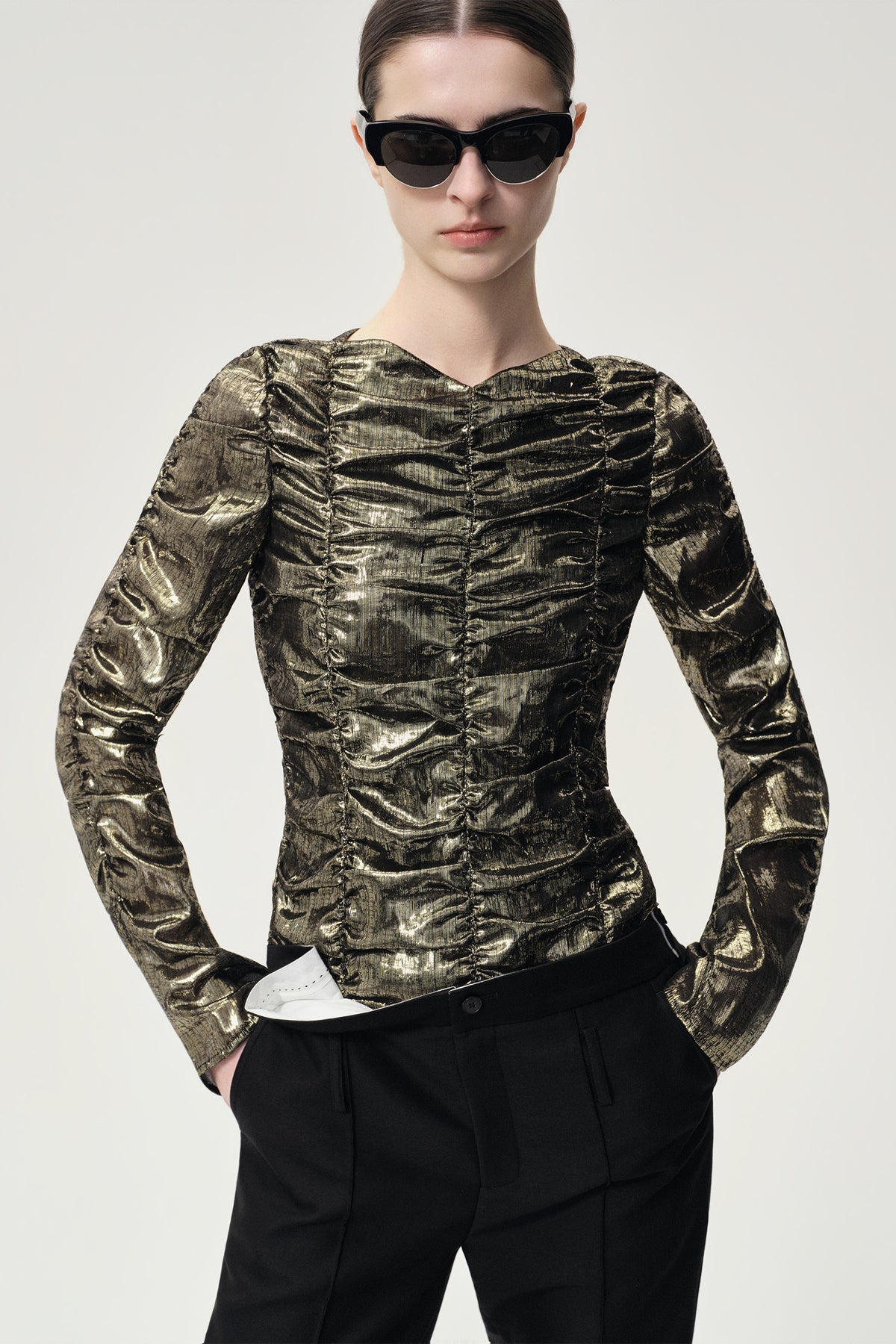 Metallic Silk Elastic Gathered Blouse Gold