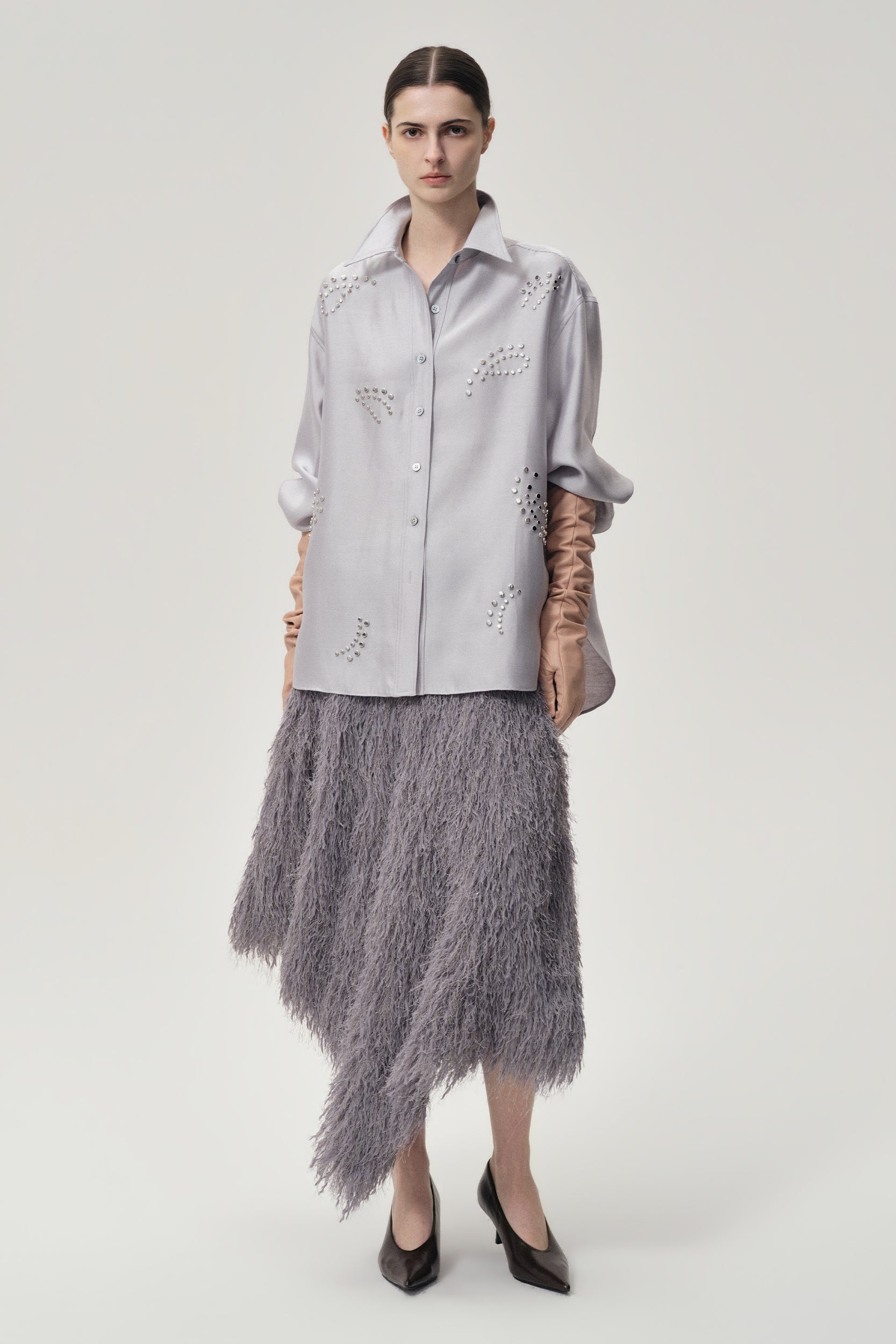 Asymmetrical Fringed Skirt Grey