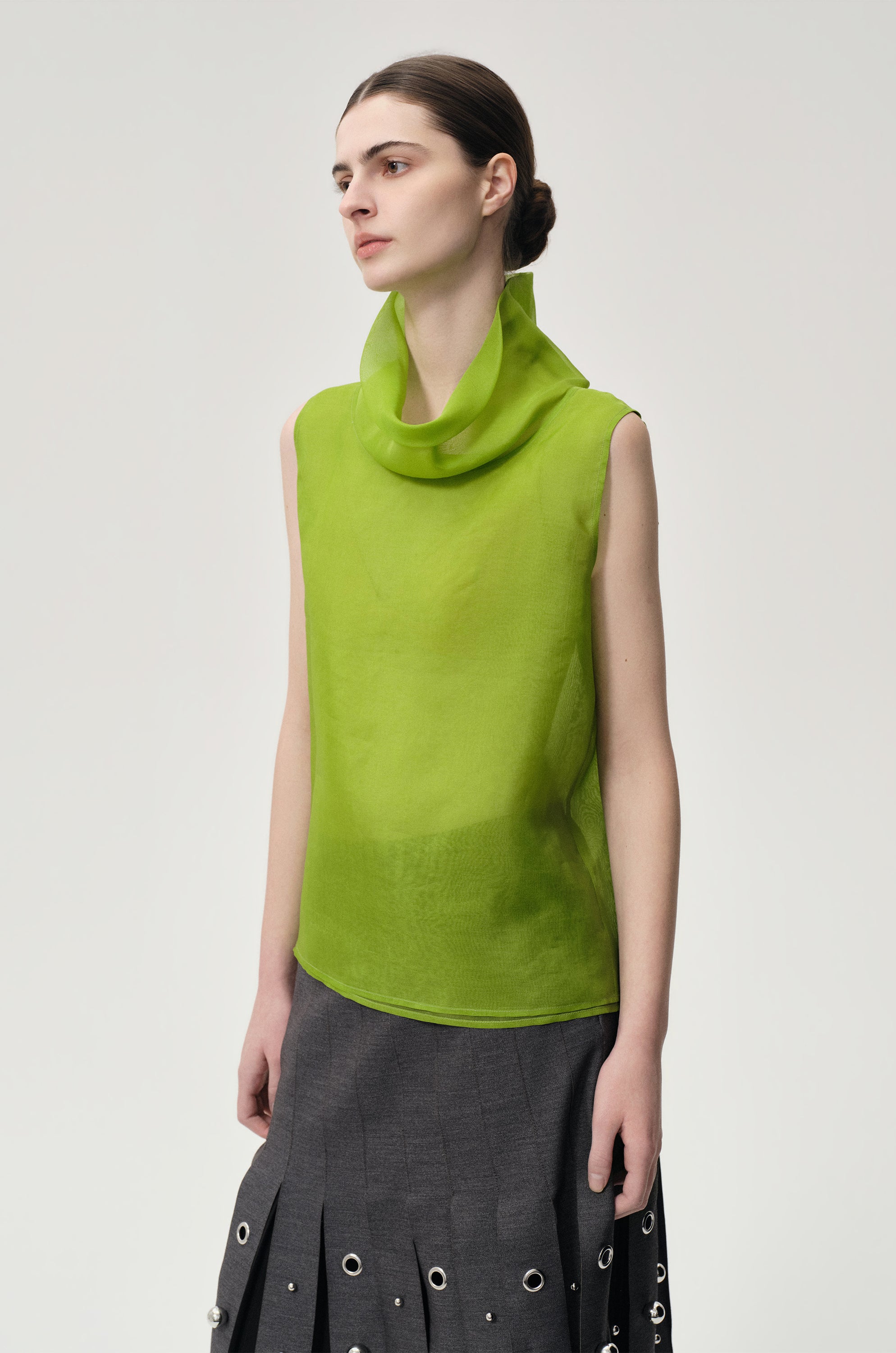 Silk Organza Turtleneck Top Ivy Green