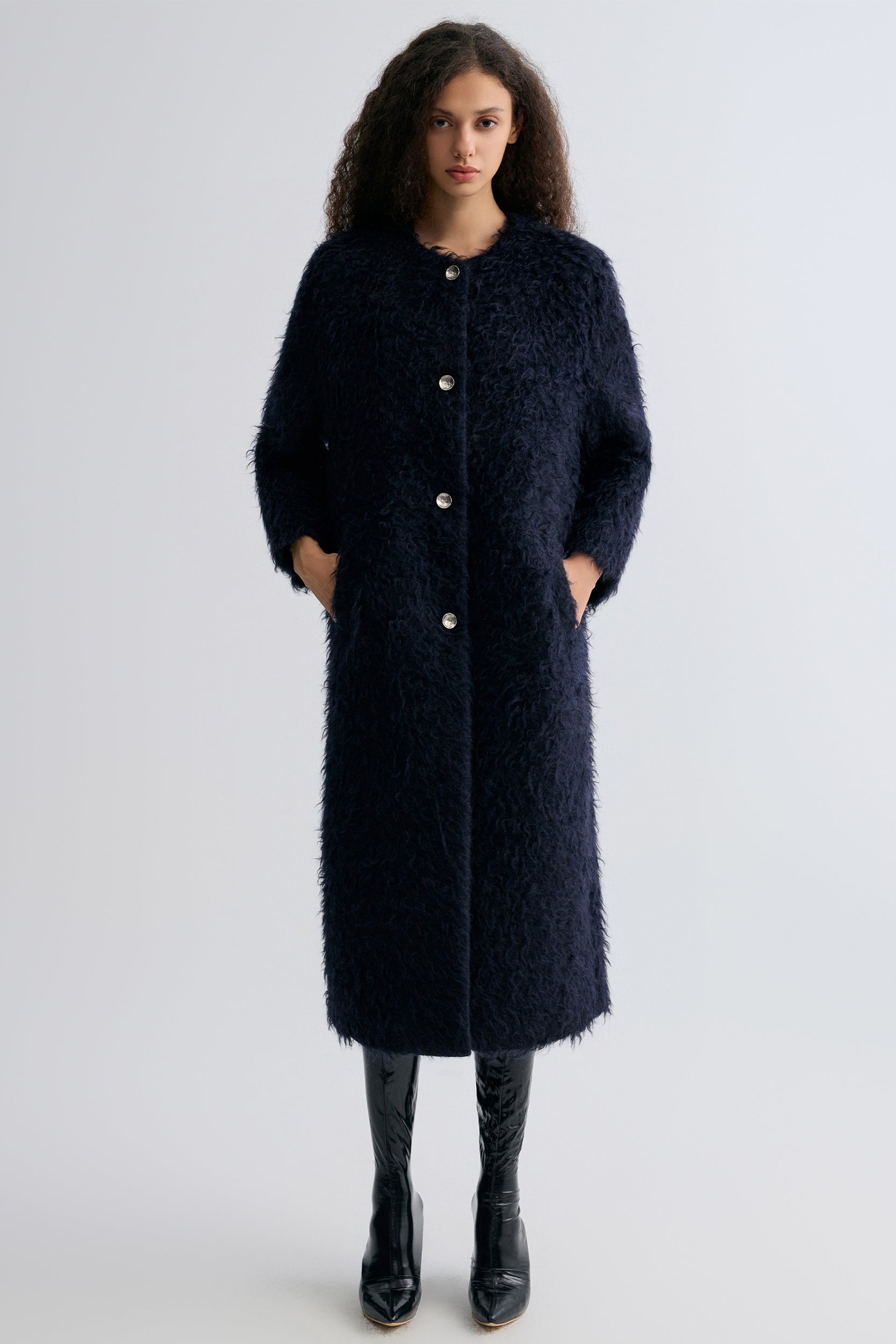 Clara Collarless Coat Dark Blue