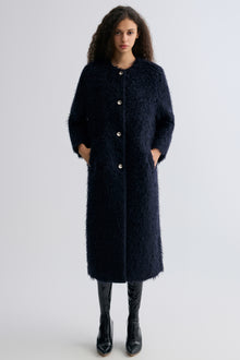 Clara Collarless Coat Dark Blue
