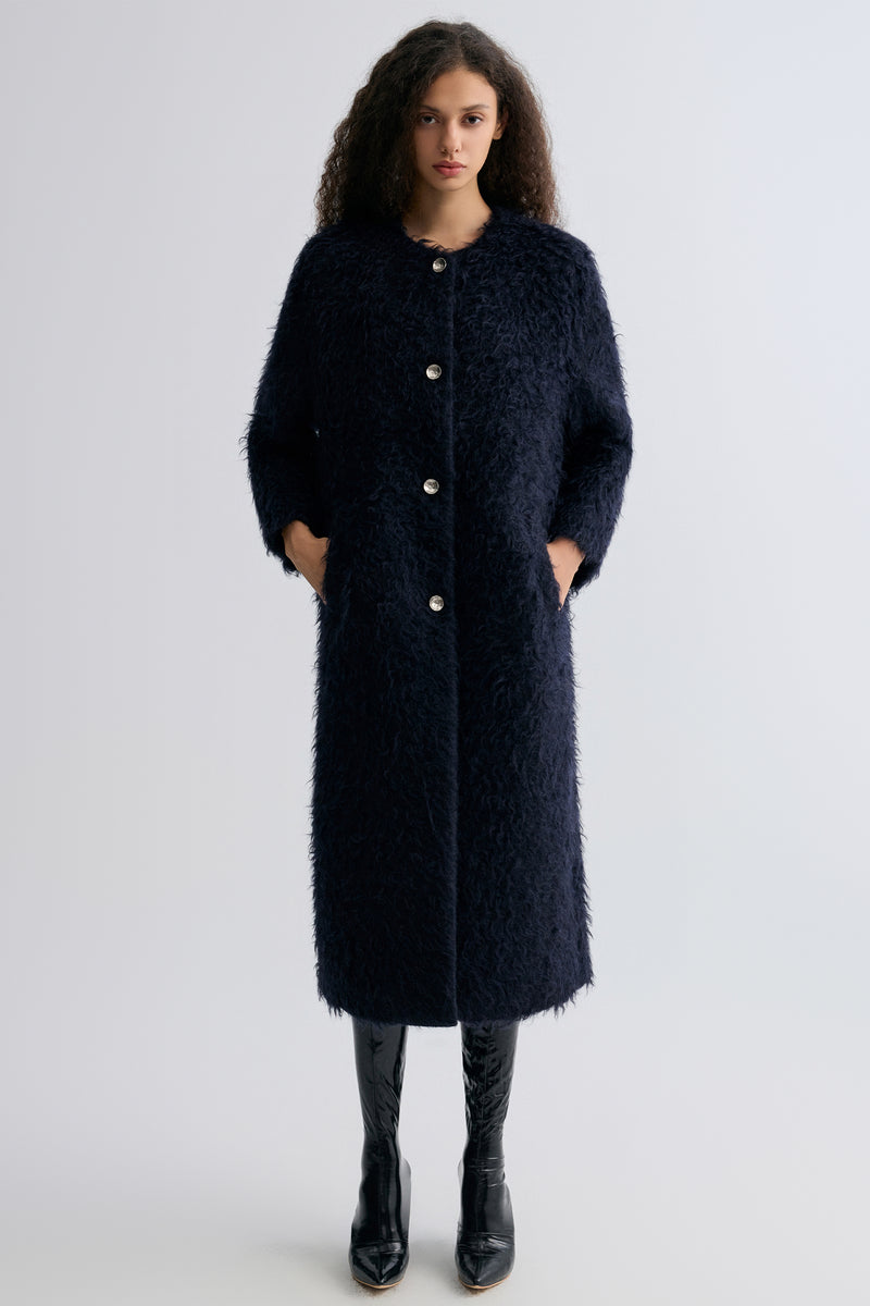 Clara Collarless Coat Dark Blue