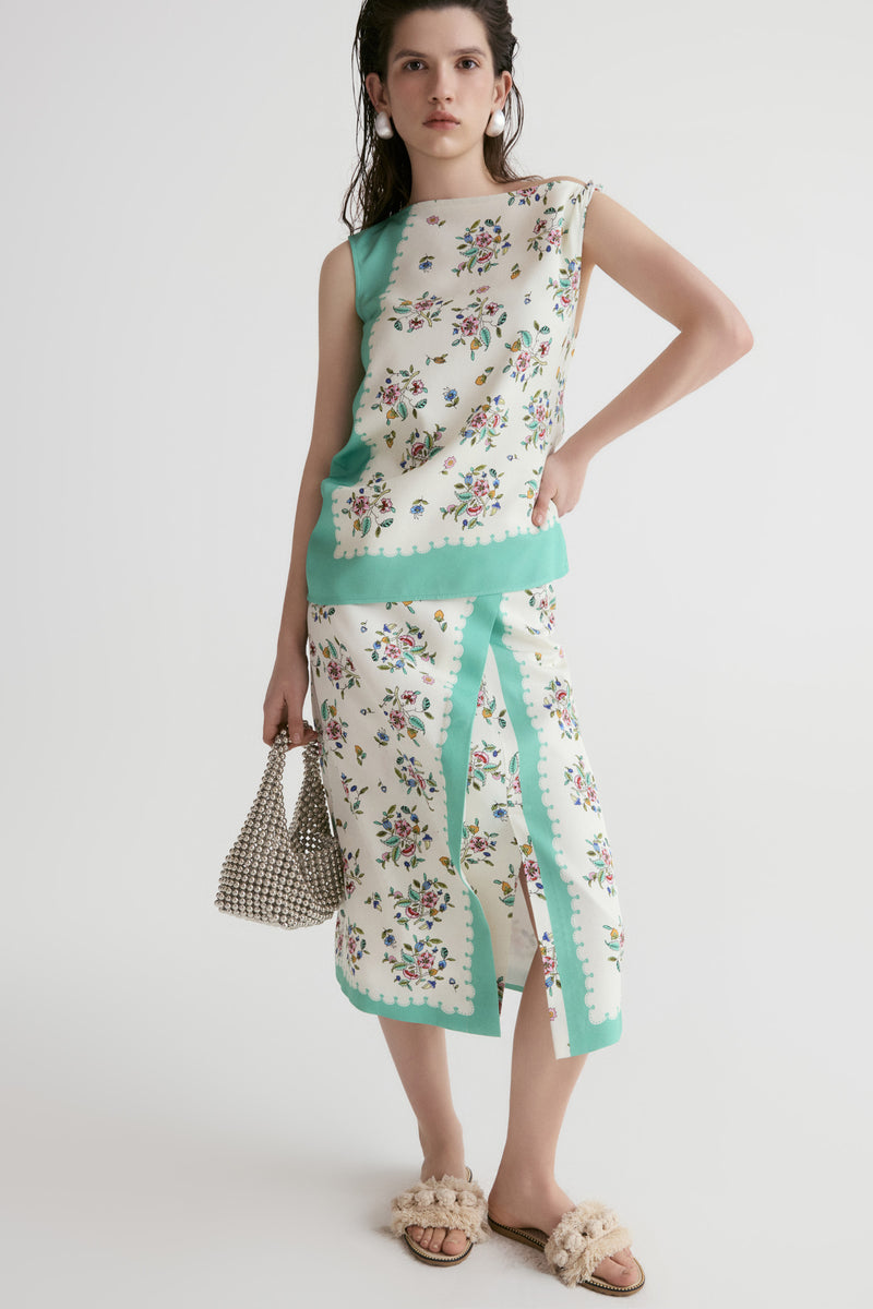 Scarf-print Front Slit Midi Skirt