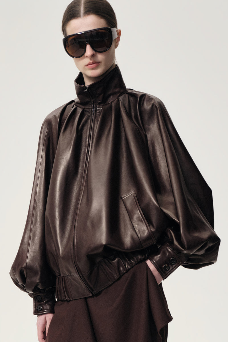 Soft Pleated Balloon Leather Jacket Dark Brown