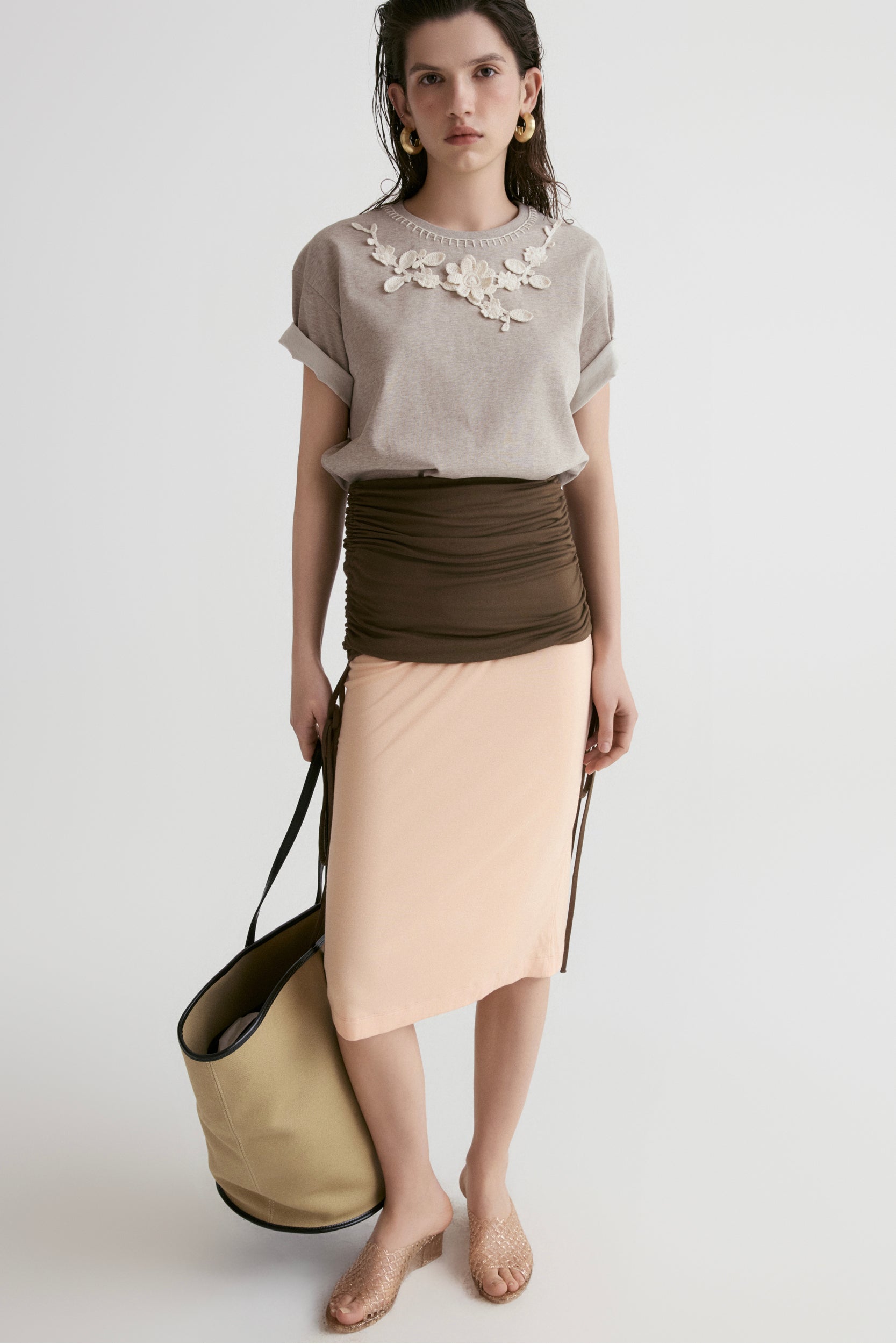 Rib Two-tone Skirt-Peach