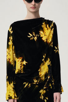 Abstract Floral Velvet Blouse in Silk and Viscose Black