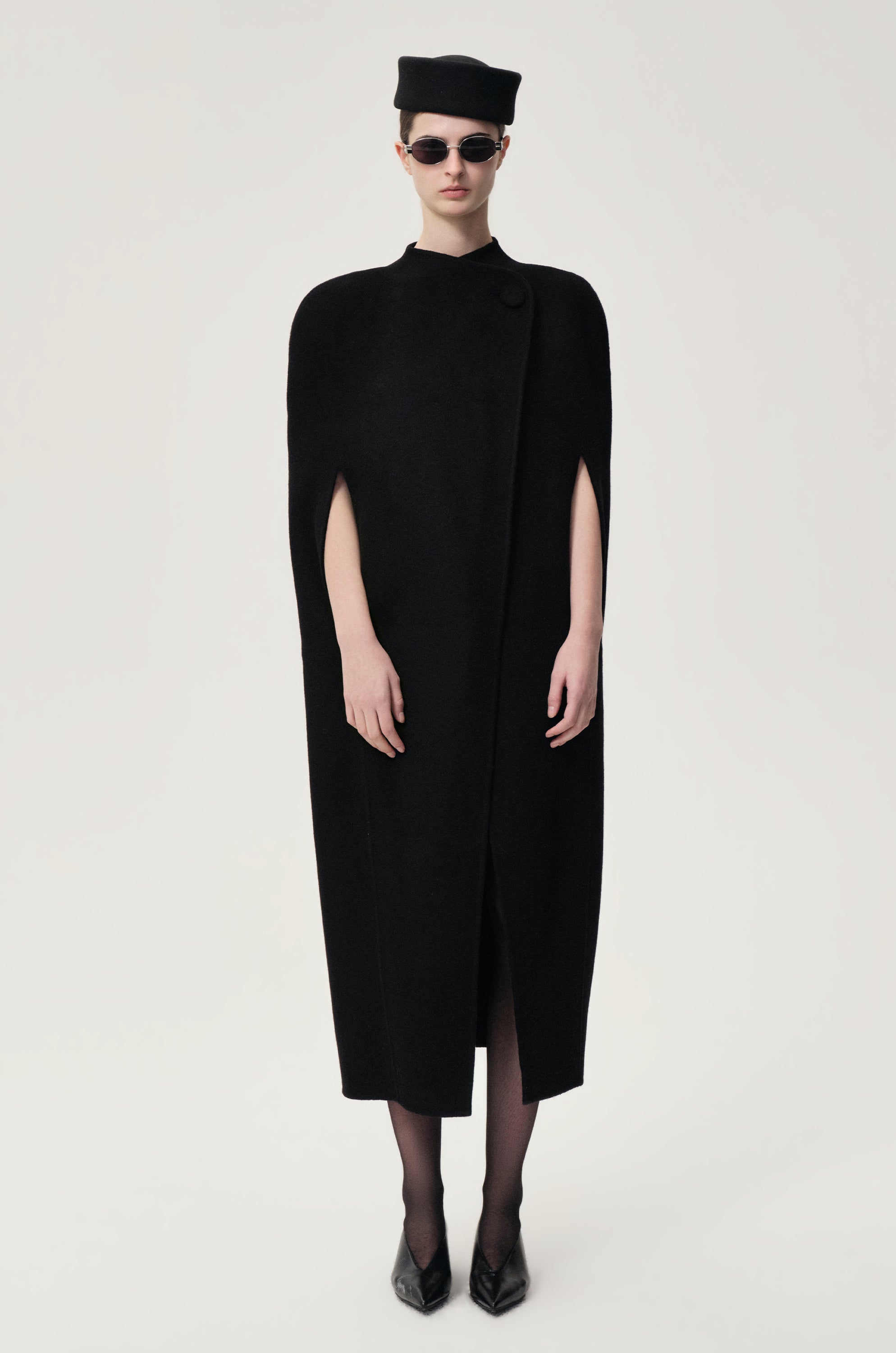 Double-faced Sculptural Wool Cape Coat Black