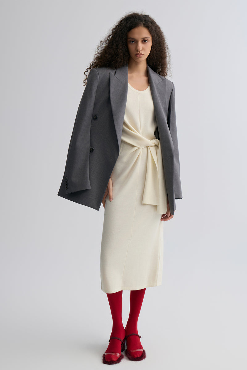 Knot-detail Knitted dress in Merino Wool Cream