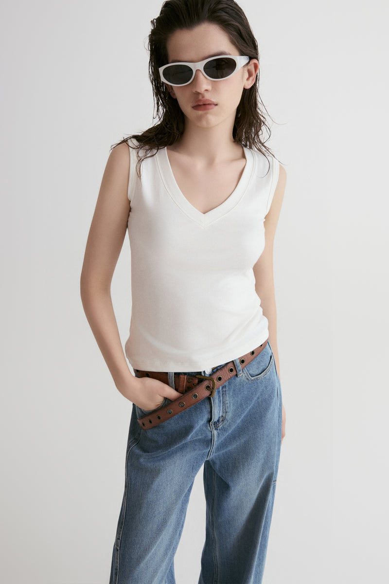 Slim V- neck T-shirt-Off White
