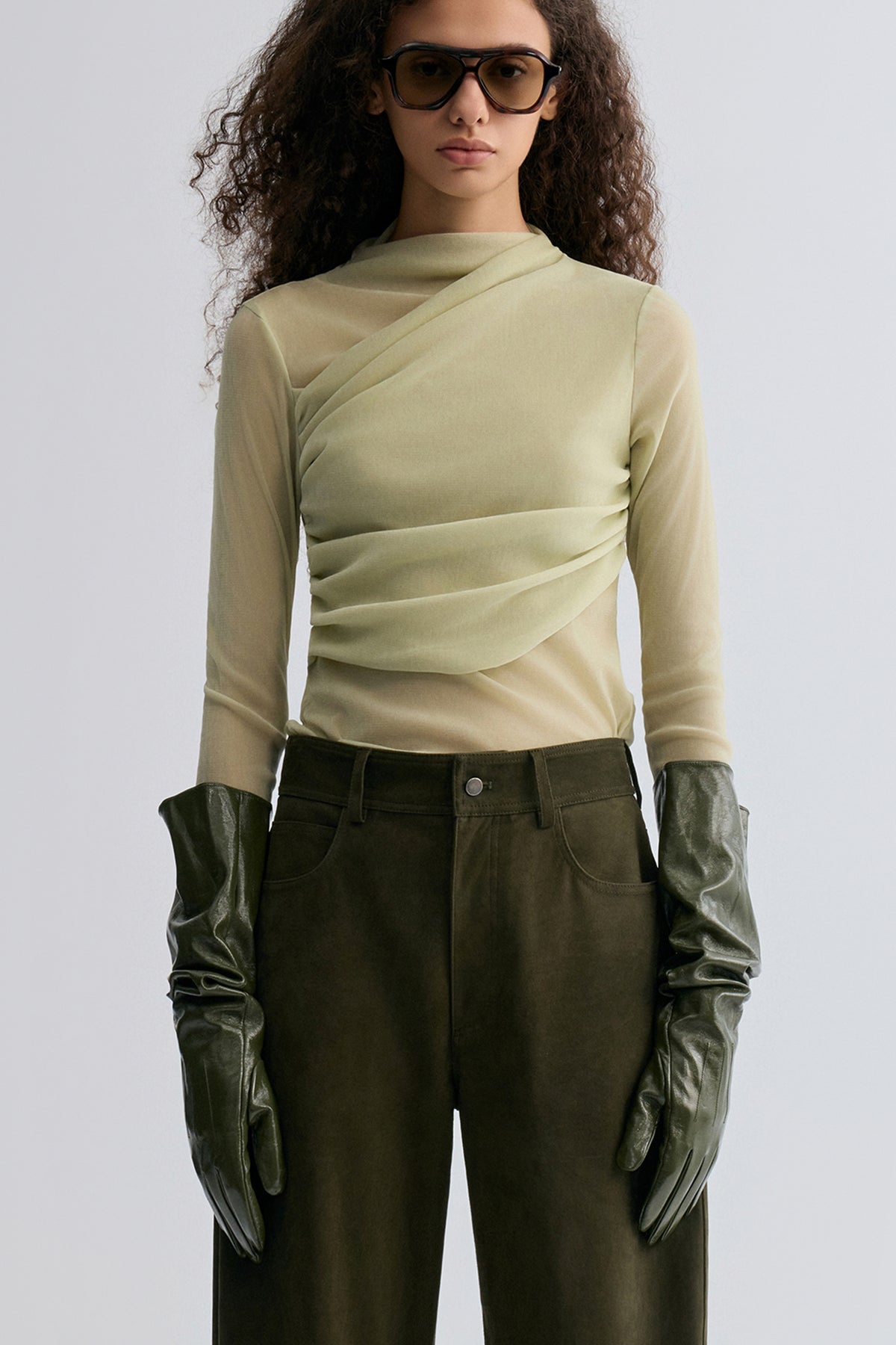 Velvet Mesh Asymmetric Draped Top Lime