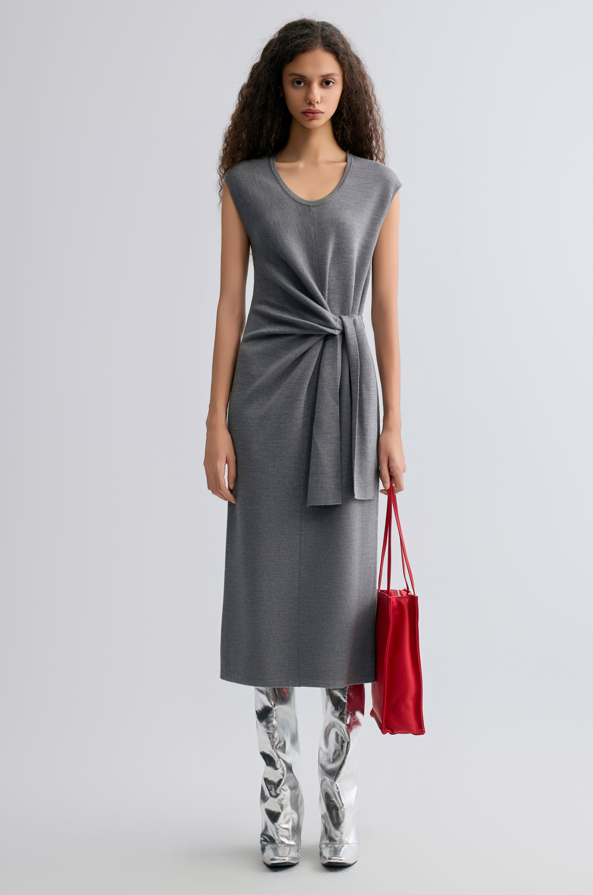 Knot-detail Knitted dress in Merino Wool  Grey melange