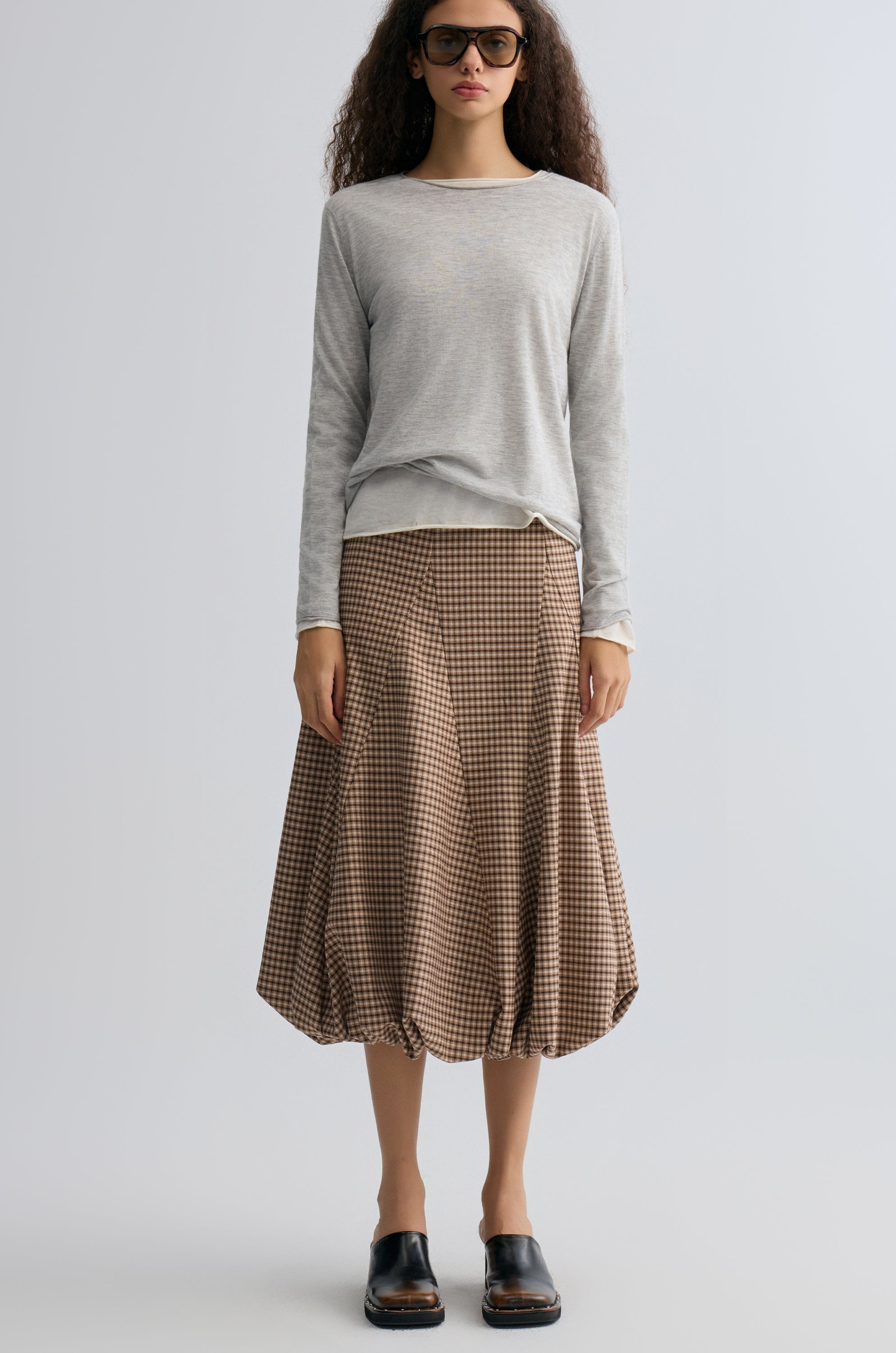 Tulip Checked Ballon-hem Skirt