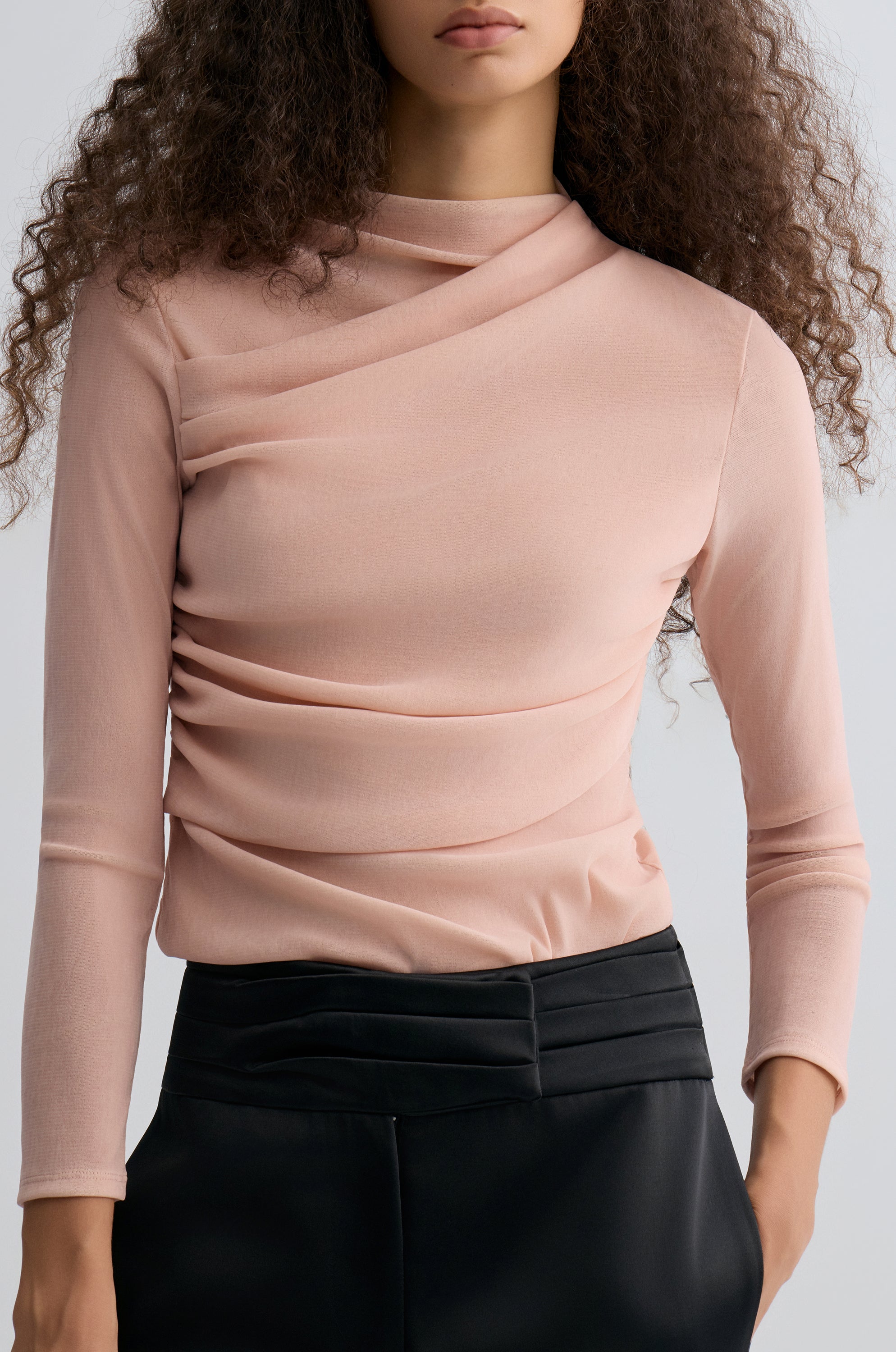 Velvet Mesh Asymmetric Draped Top Misty Rose