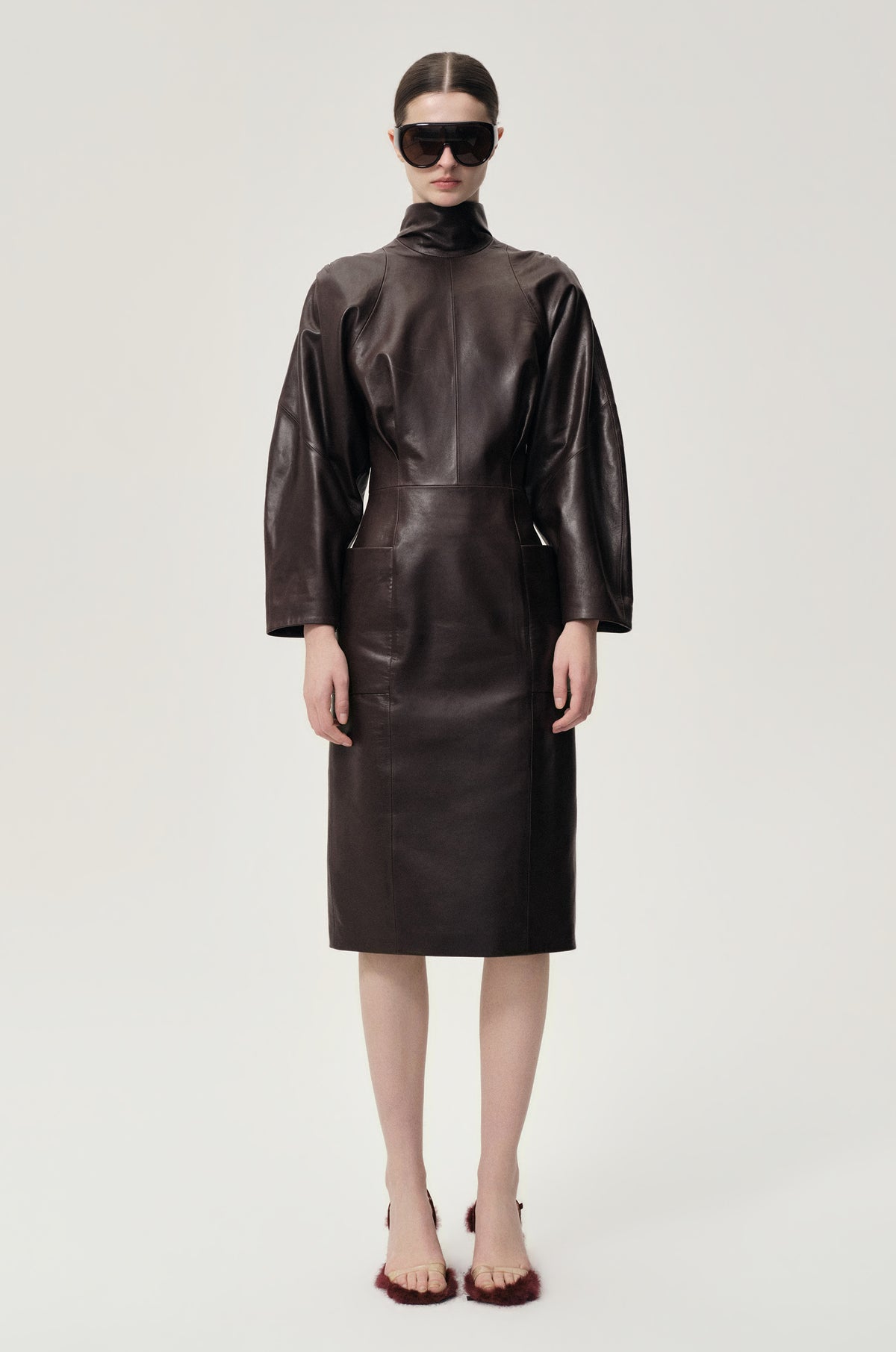 Sculptural Leather Dress Dark Brown