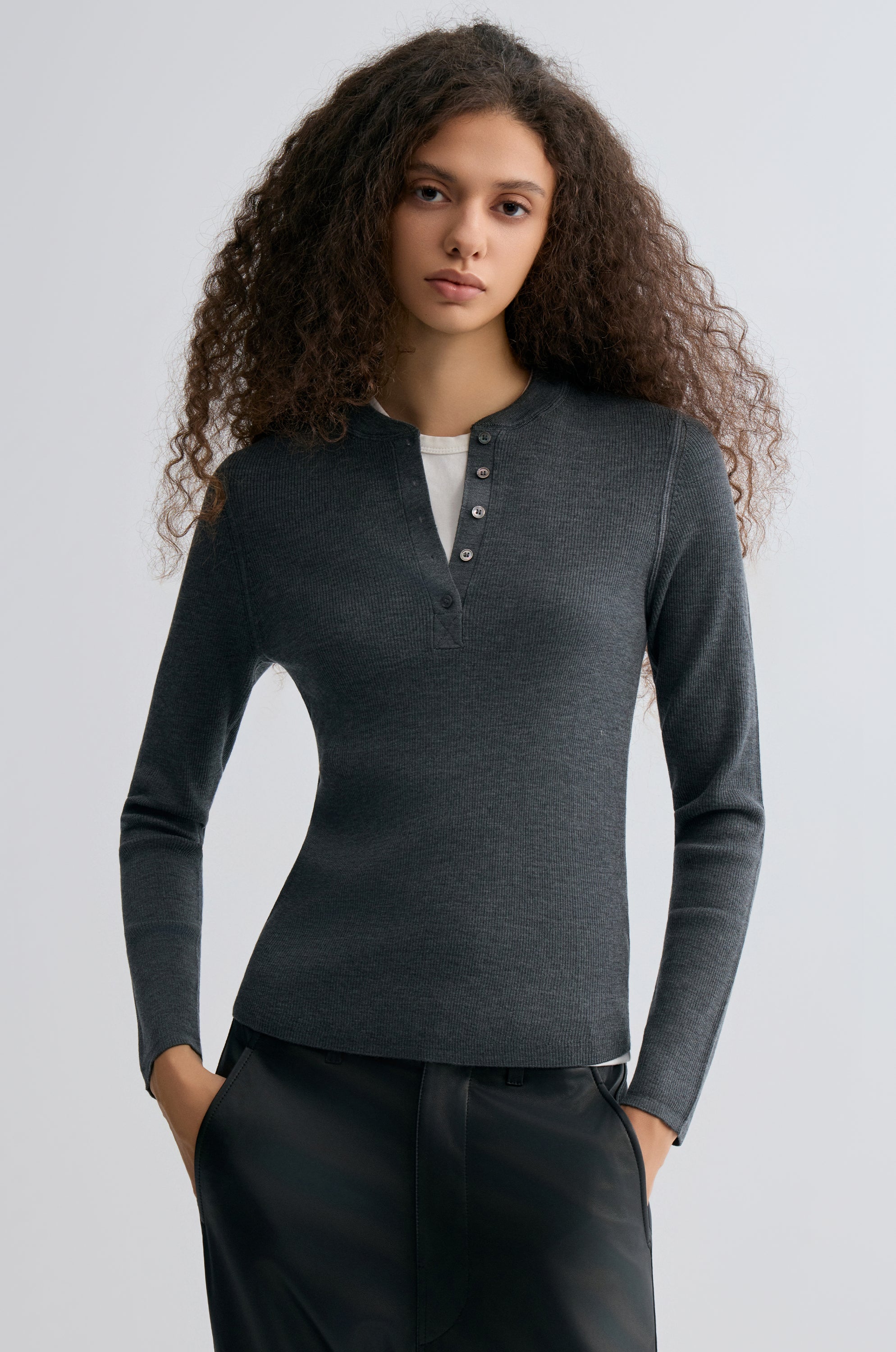 Superfine Merino Wool Knit Henley Grey Melange