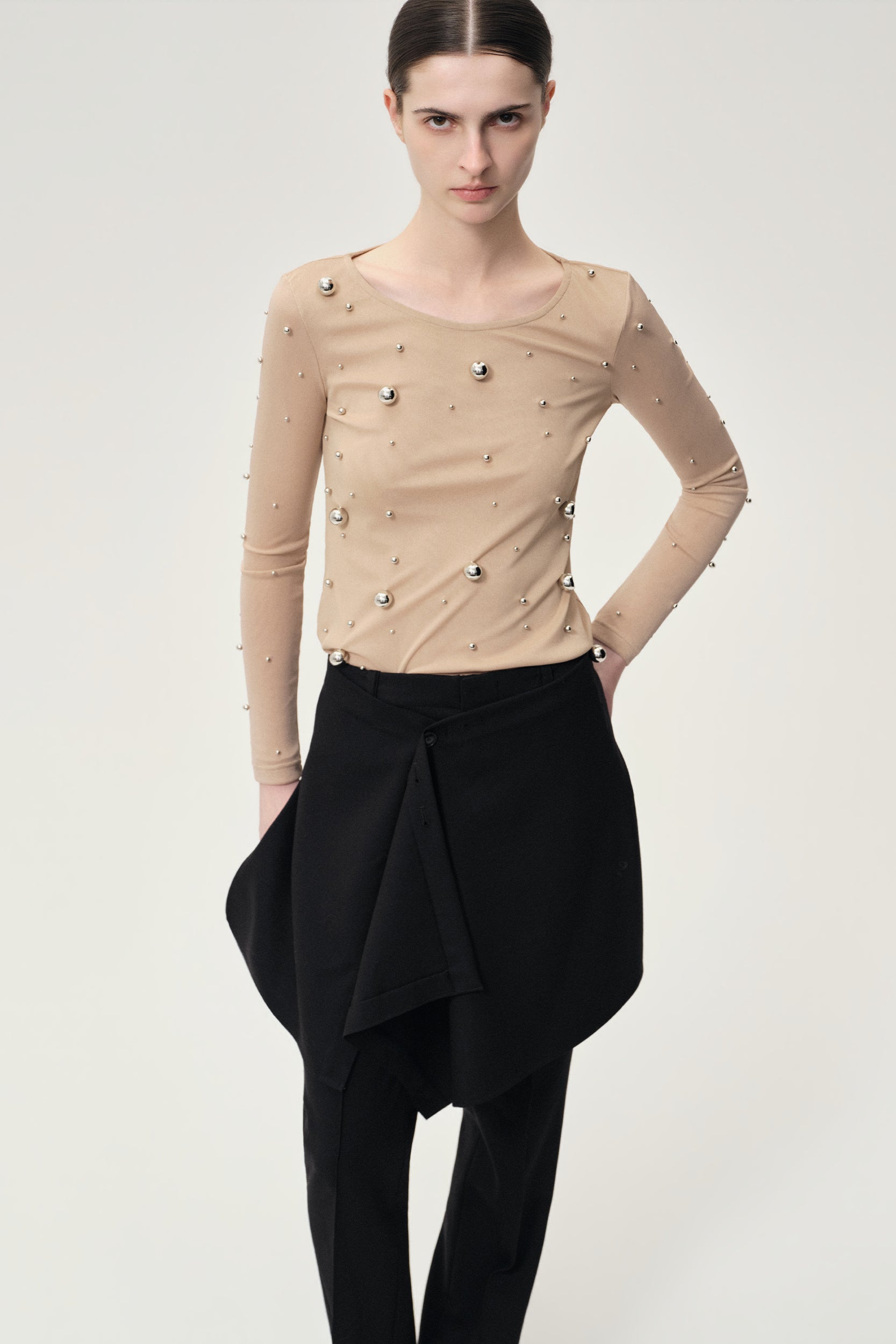 Stud-embellished Mesh Top Nude
