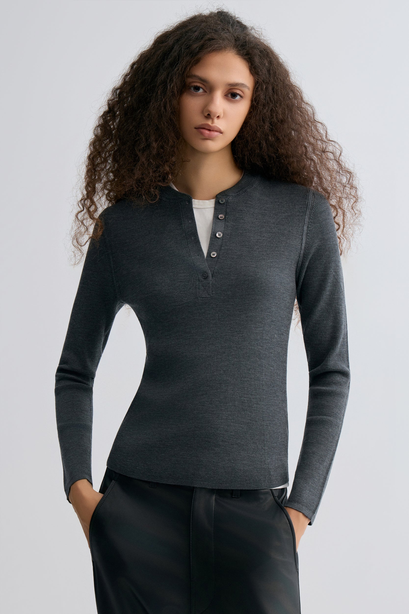 Superfine Merino Wool Knit Henley Grey Melange