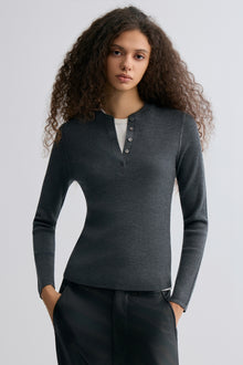 Superfine Merino Wool Knit Henley Grey Melange